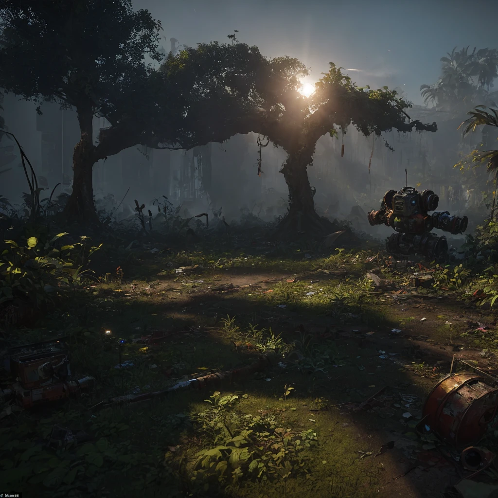 rusty wreckage of a broken robot kneeling down debris everywhere overgrown with plants on a dilapidated city shaded by trees sunrays passing through a thin mist on the ground, best quality, ultra realistic, accurate details