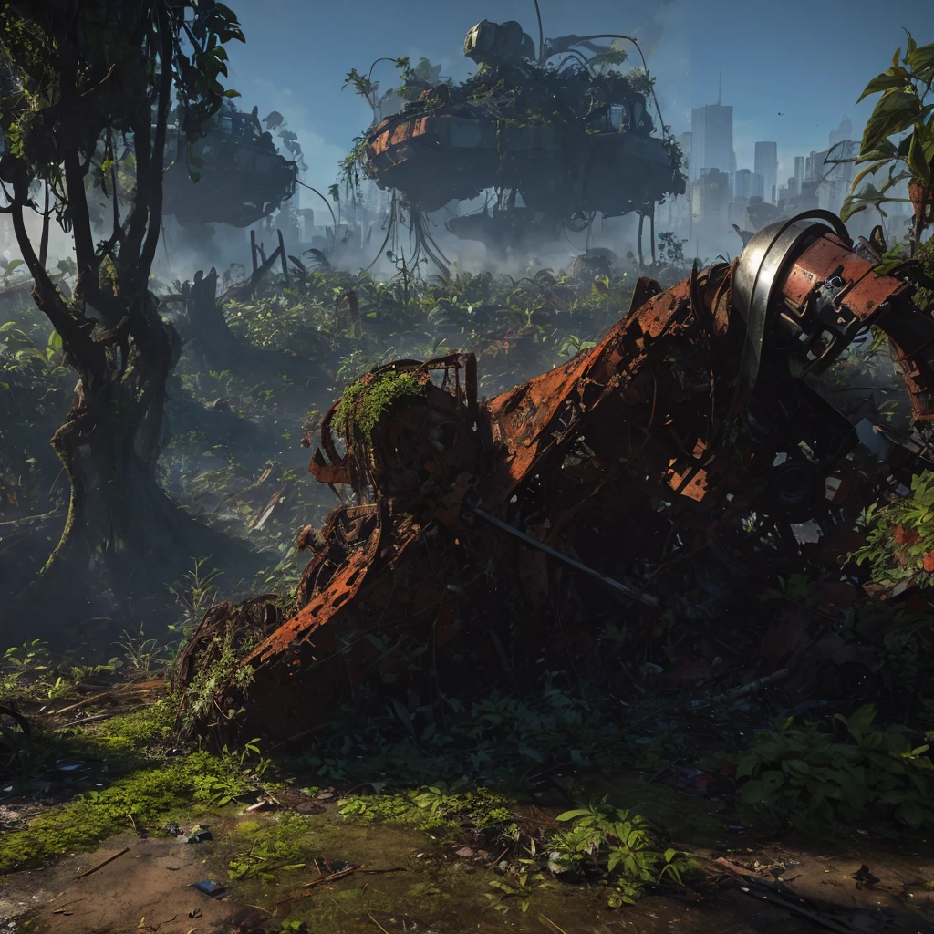 rusty wreckage of a broken robot kneeling down debris everywhere overgrown with plants on a dilapidated city shaded by trees sunrays passing through a thin mist on the ground, best quality, ultra realistic, accurate details