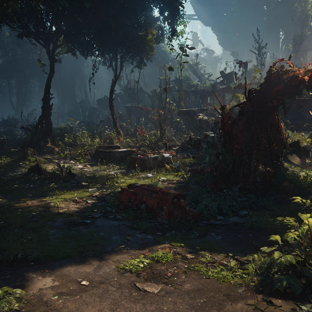 rusty wreckage of a broken robot kneeling down debris everywhere overgrown with plants on a dilapidated city shaded by trees sunrays passing through a thin mist on the ground, best quality, ultra realistic, accurate details