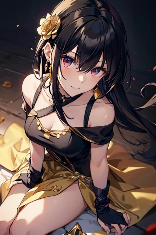 yor briar, anime style beutiful woman, 1girl, happy, sexy pause,(with sparkling eyes and a contagious smile:0.9),red face, closed mouth, beautiful detailed eyes, super detailed skin, backlighting, bare shoulders, black background, black dress, black gloves, black hair, breasts, dress, earrings, fingerless gloves, floating hair, floral print, flower, gloves, gold earrings, gold hairband, hair flower, hair ornament, hairband, holding, holding weapon, jewelry, large breasts, long hair, looking at viewer, off-shoulder dress, off shoulder,red eyes, short hair with long locks, sidelocks, solo, spikes, thighs, two-sided dress, two-sided fabric, weapon, fighting stance , face, close up, from above, highest quality, looking at viewer,high resolution.