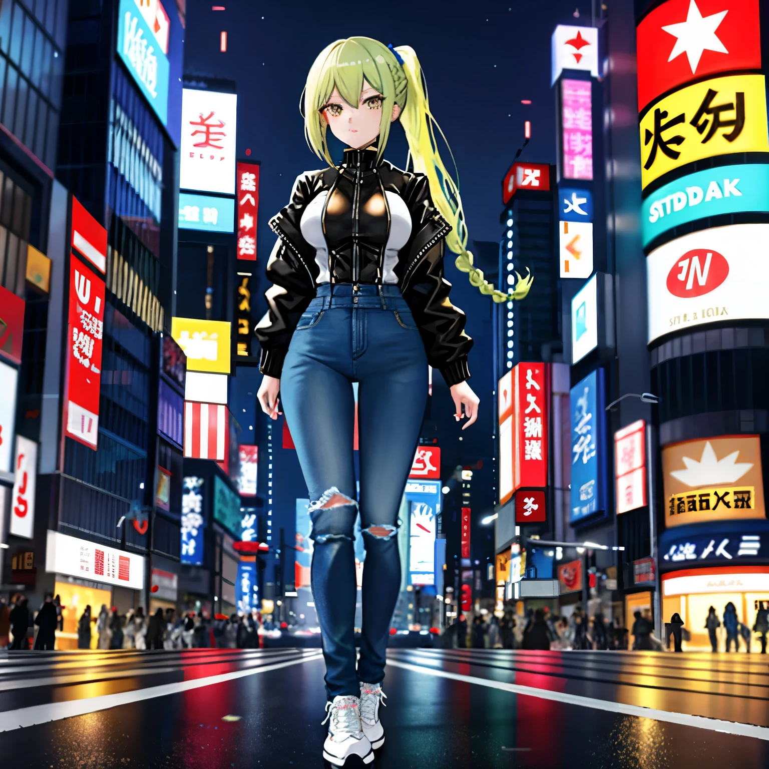 Theme: BRAKE, a 23-year-old woman walking stylishly in Shibuya
Resolution: 8K digital art, anime art wallpaper 8K BRAKE
Quality: Ultra quality, ultra quality and detailed art BRAKE
Image quality: Ultra definition, ultra definition beauty, ultra definition illustration, ultra definition animation, ultra definition short full body portrait, pixiv digital art BRAKE
Style (judged by theme, overall pronto): white anime Barbie, biomechanical, anime moe art style, dress, desktop background, biomechanical big breasts, "Fate/Stay Night", "Fate/Grand Order" BRAKE
Hairstyle and color (determined by theme and overall pronto): Choose one main style from 5 styles (long hair, ponytail, twin tails, bob cut, long braid) and combine all the remaining 4 hairstyles to create an original hairstyle. please. You can choose the main hair color from gold, blue, or green, and add the remaining two colors as a gradation color. BRAKE
Costume and colors:
- **Top**: Black oversized leather jacket. This provides a sense of urban edge while providing warmth in the colder months. BRAKE
- **Bottoms**: High-waisted denim jeans. The color is classic blue, which is both casual and sophisticated. BRAKE
- **Shoes**: White sneakers. This is an ideal choice to stay comfortable even on long walks. BRAKE
- **Accessories**: Complement your entire look with silver minimalist jewelry and a bold red handbag.
BRAKE
Background and color:
- **Background**: Shibuya crossing. This place symbolizes the energy and vibrancy of Tokyo. The neon lights of buildings and crowds of passersby emphasize the feeling of urban life. BRAKE
- **Color**: Since this is a night scene, the background is in deep blue and black tones, and the neon lights on the buildings are bright pinks, blues, greens, and yellows. These colors capture the atmosphere of Tokyo's night view. BRAKE
Colors: green, blue, and gold (added to important elements of the theme), light blue, yellow, silver, crimson (added to other than important elements of the