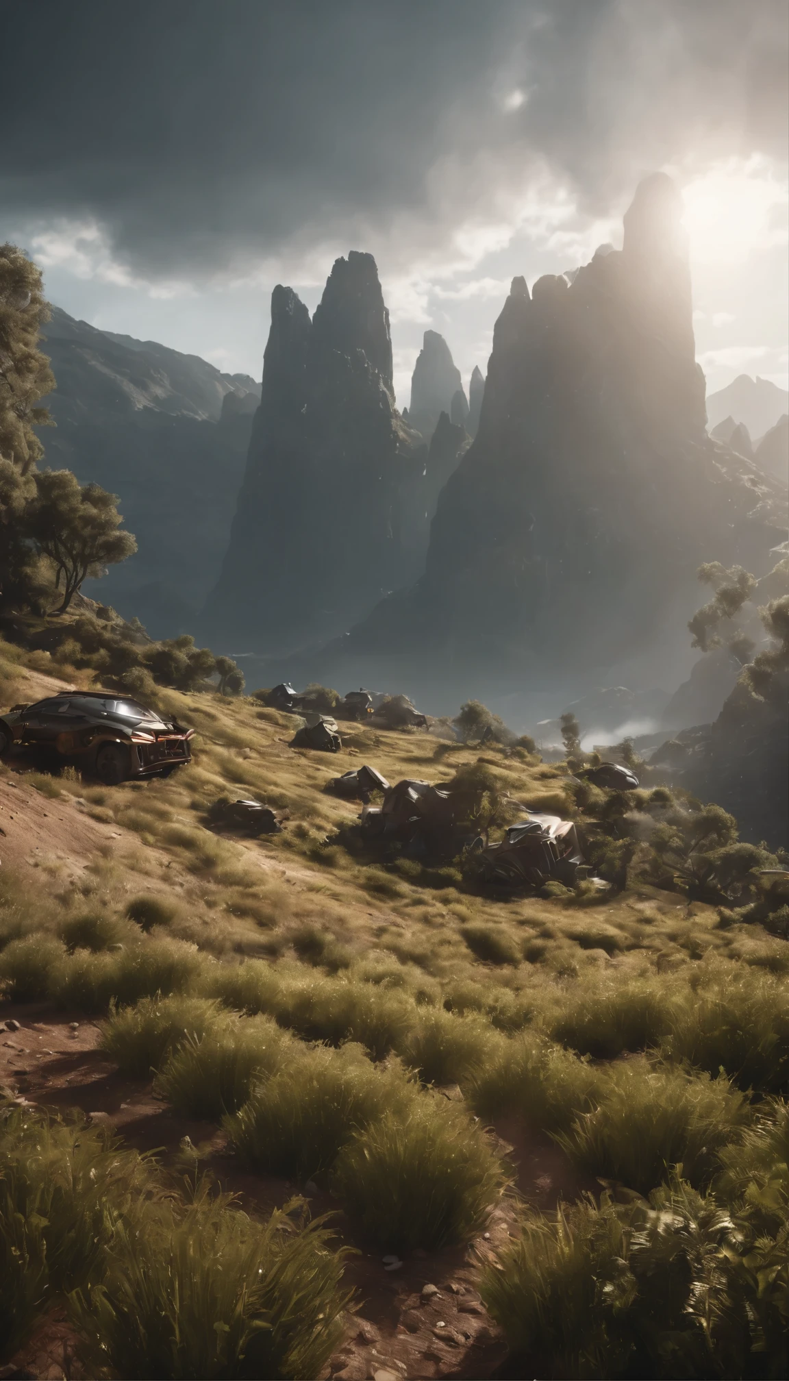 A stunning concept art piece depicting a traditional landscape in 8K resolution、It boasts super cool and ultra realistic sci-fi elements.。The images are filled with dramatic and atmospheric lighting.、Light rays trace ultra-detailed 3D environments。This scene、Dark shadows to highlight the ultra-detailed features that are trending in 4K Ultra HD ArtStation、Creates cinematic lighting effects。The central focus is、The design emphasizes the futuristic machinery placed in a rustic landscape.、Adds attractive contrast to the image。Unrealistic Engine 5 rendering、Enhance your visual experience、This really makes this a masterpiece.。