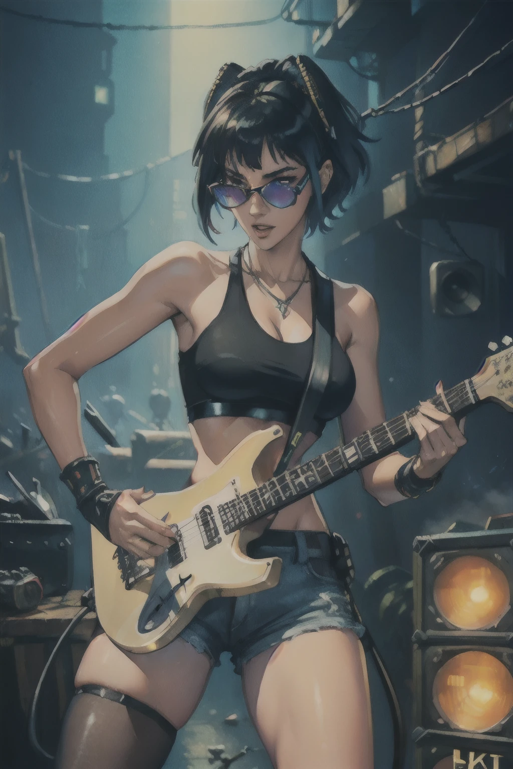 (photorealistic:1.4),official art,unity 8k wallpaper,ultra detailed,exquisitely detailed skin,(cinematic angle)(film grain:1.2)cinematic lighting,beautiful and aesthetic,dynamic lighting,masterpiece,best quality,glowing skin,cyberpunk,mechanical arms,(cyberpunk joints),(neon light),(cybernetic implants:1.2),(augmentations),(cyborg:1.2)(cowboy shot),,1girl,short hair,slim body,medium breasts,narrow waist,tank top,high waist shorts,fishnet pantyhouse,a rock band lead singer,Heavy Metal,(playing a electric guitar:1.4),wearing a sunglasses,chain,silver,necklace,live house,fiery atmosphere,sexy,charming,(loudspeaker box:1.3),wire,cable tail,devil horn,dynatic pose,excited,
a small wooden toy,\(\(intricate details\)\),colorful details,iridescent colors BREAK,\(\(masterpiece best quality\)\),4k,ultra detailed,detailed lighting,\(\(inspired by Hayao Miyazaki\)\),official art,very very very very very large breasts