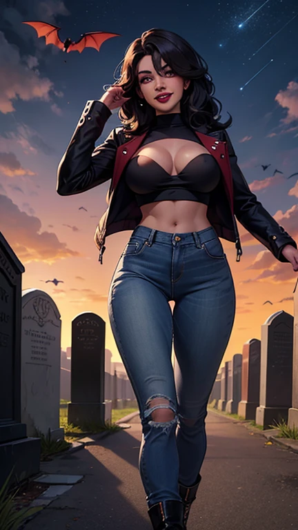 mulher, Pele branca, olhos verdes, cabelo preto, Cabelo ondulado, cabelo liso, franja, Cabelo longo, cabelo ao vento, cemetery at night, Jeans apertado, blue jeans, botas pretas, top muito decotado, Topo branco, Parte superior transparente, jaqueta aberta, jaqueta preta, andando, Horror, decote, visible nipples, sorridente, looking at the camera, Red lips, athletic, Bats in the sky, Atmosfera assustadora, Tiro frontal.