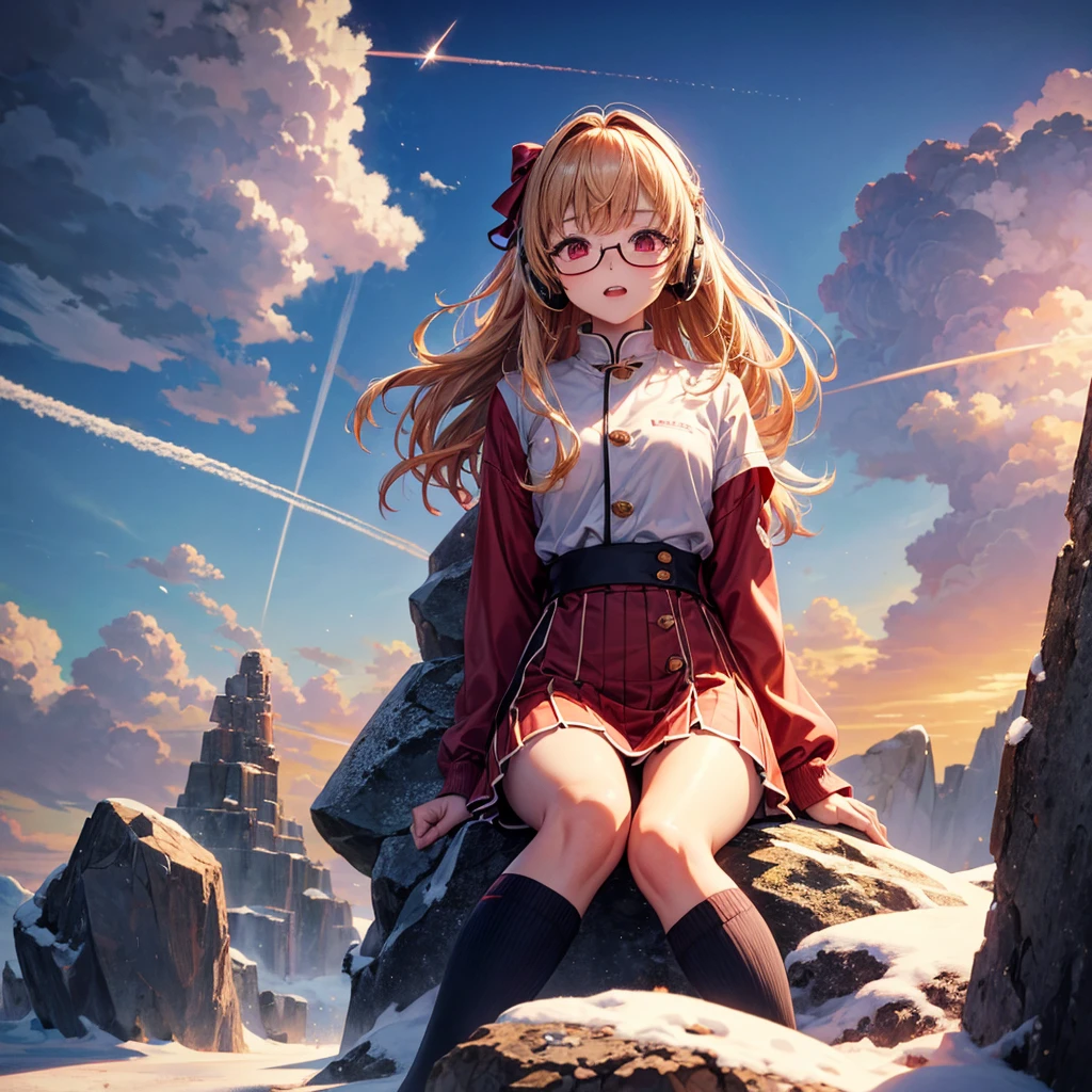 Pink gold golden hair、Red eyes、One good looking girl、solo、anime、Checkered mini skirt、The skirt has buttons、Red T-shirt、Long sleeve、China、Cape、Black knee-high socks、Wearing headphones、Wearing a ribbon、Ribbon on waist、Tilting face、Teeth are visible、Sunset sky、The rocks are exploding、Snow is piled up、Rocky Mountain、The clouds are breaking through、Contrail、Glasses、Behind him is a giant world tree、Sitting、Automatic door