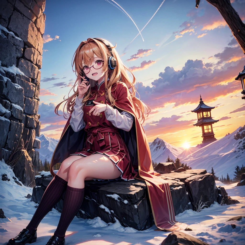 Pink gold golden hair、Red eyes、One good looking girl、solo、anime、Checkered mini skirt、The skirt has buttons、Red T-shirt、Long sleeve、China、Cape、Black knee-high socks、Wearing headphones、Wearing a ribbon、Ribbon on waist、Tilting face、Teeth are visible、Sunset sky、The rocks are exploding、Snow is piled up、Rocky Mountain、The clouds are breaking through、Contrail、Glasses、Behind him is a giant world tree、Sitting