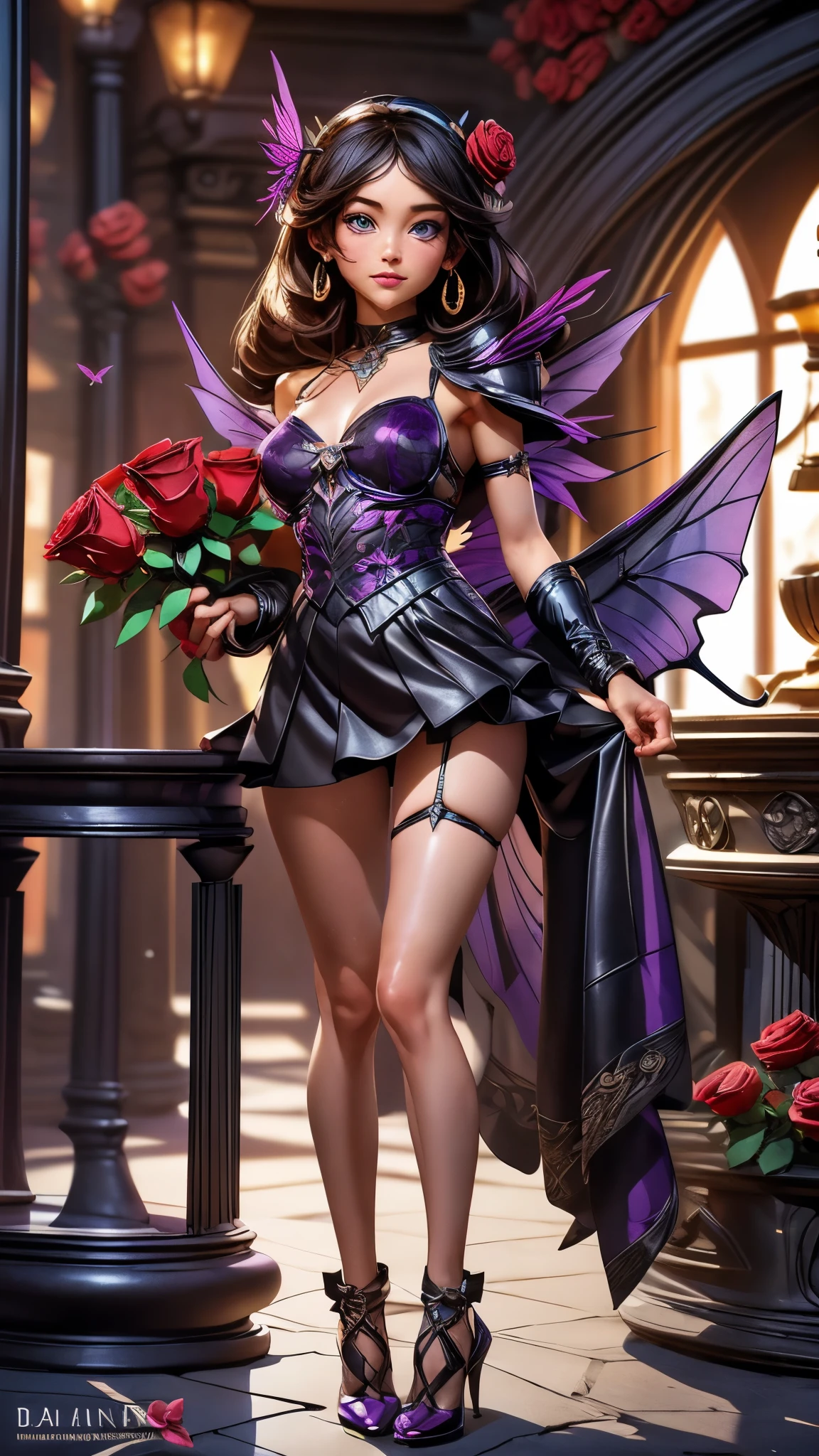 high details, best quality, 16k, RAW, [best detailed], masterpiece, best quality, (extremely detailed), GlowingRunes_paleblue, full body, ultra wide shot, photorealistic, fantasy art, RPG art, D&D art, a picture of a fairy selling flowers in a florist shop, extremely beautiful fairy, ultra feminine (intense details, Masterpiece, best quality), (purple: 1.3) butterfly wings (intense details, Masterpiece, best quality), purple and white wings (intense details, Masterpiece, best quality), black hair, pixie cut hair, shinning hair, flowing hair, shy smile, innocent smile, blue eyes, wearing black skirt, dynamic elegant shirt, chocker, wearing high heels, in flower shop (intense details, Masterpiece, best quality), extreme many (red roses: 1.3) (intense details, Masterpiece, best quality), (red: 1.3) roses shop in a modern era street, High Detail, Ultra High Quality, High Resolution, 16K Resolution, Ultra HD Pictures, Ultra Realistic, Clear Details, Realistic Detail, Ultra High Definition, Big Fairy Wings, wearing edgLL leather lingerie, ArmoredDress