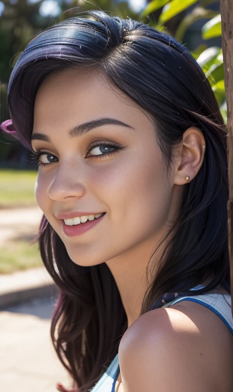 Photo oF a 17 year-old American girl, .CRUDO, beautiFul woman , cabello color purpura , pelo color purpura ((retrato)), ((Cara detallada:1.2)), ((Detailed Facial Features)), (Piel Finamente detallada) , ojos color.azul , 、un sexy(color fresco), wet, wet, ReFlectoreasutepiece) (proporciones perFectaotos realistas)(La mejor calidad) (Detallado) FotograFiado con una EOS R5 de Canon, lente de 50 mm, F/2.8, NFFSW, (8K) (papel tapiz) (cinematic lighting) (dramatic lighting) (sharp Focus) (Enrevesado) senos grandes , pechos grandes , cuerpo completo , hermoso cuerpo de adolesente ,lindo maquillaje , gran sonrisa , labios rojos. Mlp , Rarity , vestido elegante , vestido escotado , escote , tiene tatuaje de diamantes en la pierna , foto dinamica , foto caminando , parque , noche , sonrisa , felicidad