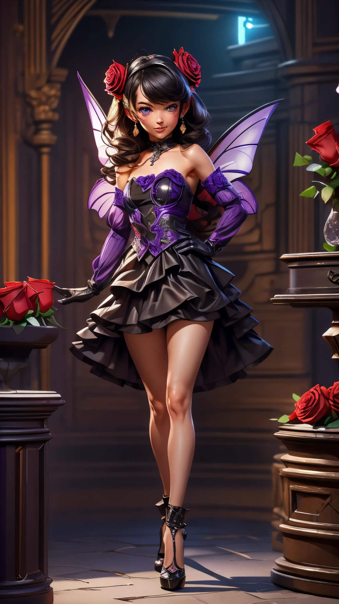 high details, best quality, 16k, RAW, [best detailed], masterpiece, best quality, (extremely detailed), GlowingRunes_paleblue, full body, ultra wide shot, photorealistic, fantasy art, RPG art, D&D art, a picture of a fairy selling flowers in a florist shop, extremely beautiful fairy, ultra feminine (intense details, Masterpiece, best quality), (purple: 1.3) butterfly wings (intense details, Masterpiece, best quality), purple and white wings (intense details, Masterpiece, best quality), black hair, pixie cut hair, shinning hair, flowing hair, shy smile, innocent smile, blue eyes, wearing black skirt, dynamic elegant shirt, chocker, wearing high heels, in flower shop (intense details, Masterpiece, best quality), extreme many (red roses: 1.3) (intense details, Masterpiece, best quality), (red: 1.3) roses shop in a modern era street, High Detail, Ultra High Quality, High Resolution, 16K Resolution, Ultra HD Pictures, Ultra Realistic, Clear Details, Realistic Detail, Ultra High Definition, Big Fairy Wings, wearing edgLL leather lingerie, ArmoredDress