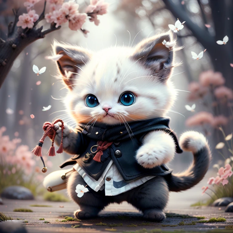 highest quality,Very detailed,Realistic,photoRealistic:1.37),White uniformを着た毛むくじゃらのBlack cat,Adorable,soft,fuzzy,Playful,Expressive blue eyes,small, rounded body,Small feet、Doing Tai Chi,Vibrant colors,Warm lighting,、Black cat、black cat、Are standing、blue skyの背景、White uniform、White uniform、blue sky、Surprised、