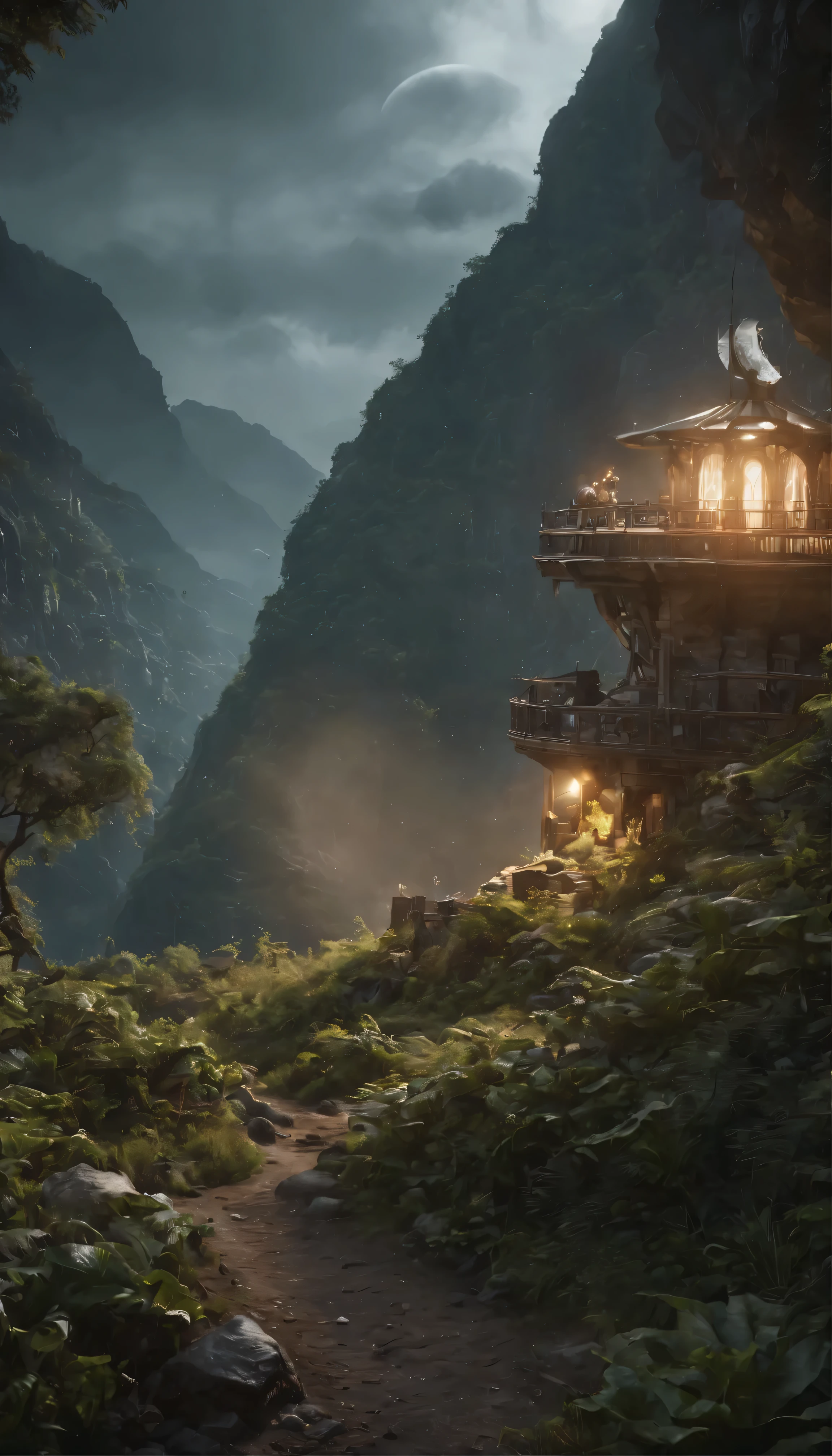 A stunning concept art piece depicting a traditional landscape in 8K resolution、It boasts super cool and ultra realistic sci-fi elements.。The images are filled with dramatic and atmospheric lighting.、Light rays trace ultra-detailed 3D environments。This scene、Dark shadows to highlight the ultra-detailed features that are trending in 4K Ultra HD ArtStation、Creates cinematic lighting effects。The central focus is、The design emphasizes the futuristic machinery placed in a rustic landscape.、Adds attractive contrast to the image。Unrealistic Engine 5 rendering、Enhance your visual experience、This really makes this a masterpiece.。