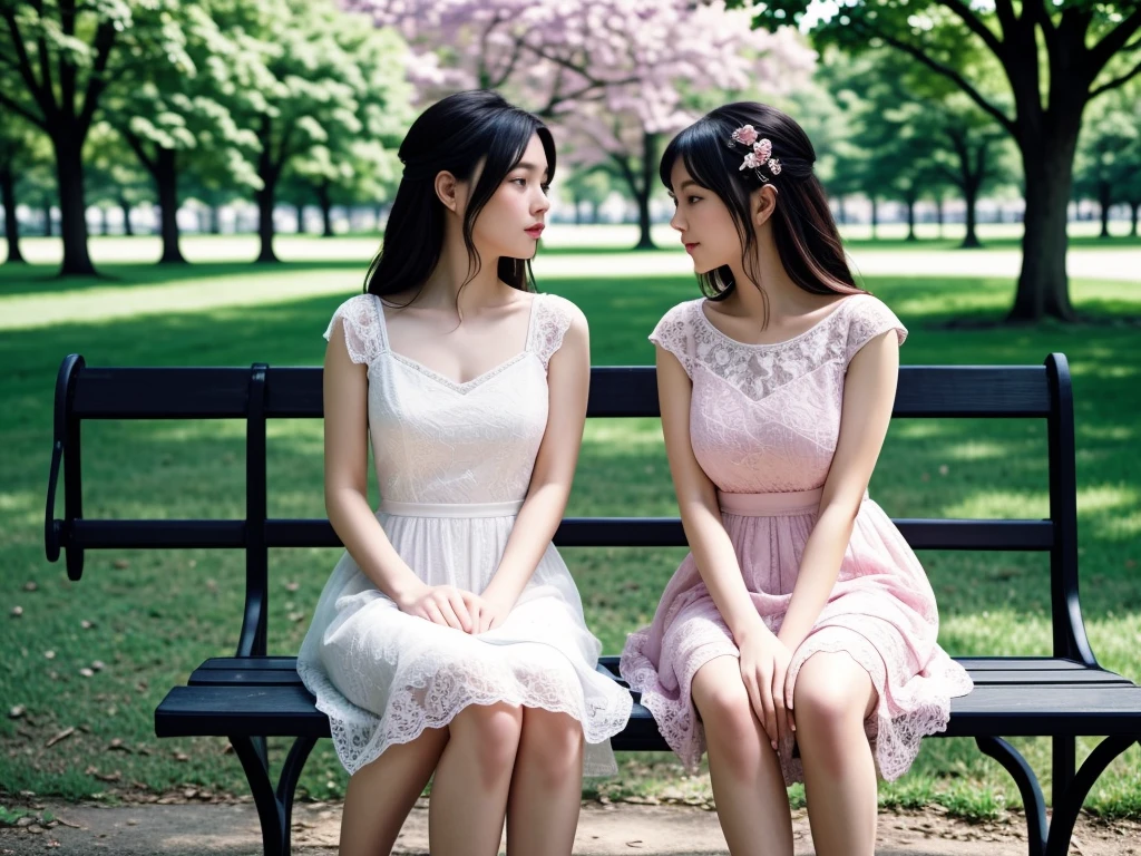 Two women in lace dresses sitting on a bench in a park, kissing together cutely, beautiful and aesthetic, dreamy and romantic, pink flowers.