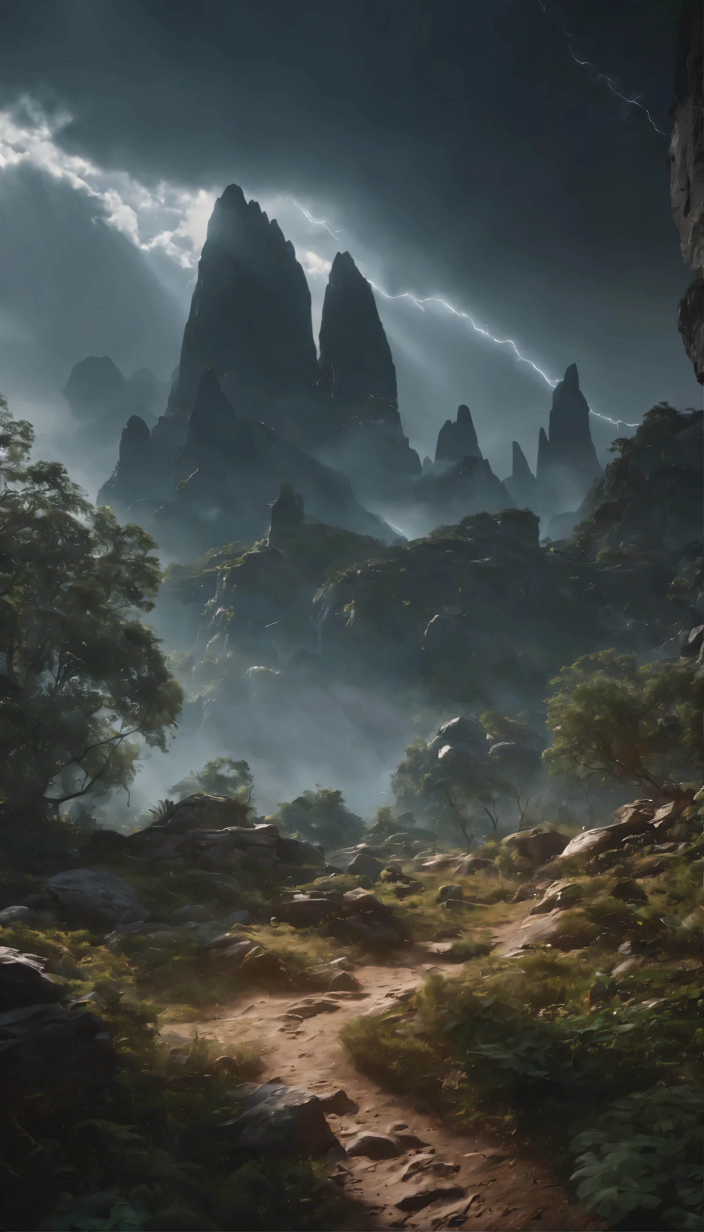 A stunning concept art piece depicting a traditional landscape in 8K resolution、It boasts super cool and ultra realistic sci-fi elements.。The images are filled with dramatic and atmospheric lighting.、Light rays trace ultra-detailed 3D environments。This scene、Dark shadows to highlight the ultra-detailed features that are trending in 4K Ultra HD ArtStation、Creates cinematic lighting effects。The central focus is、The design emphasizes the futuristic machinery placed in a rustic landscape.、Adds attractive contrast to the image。Unrealistic Engine 5 rendering、Enhance your visual experience、This really makes this a masterpiece.。