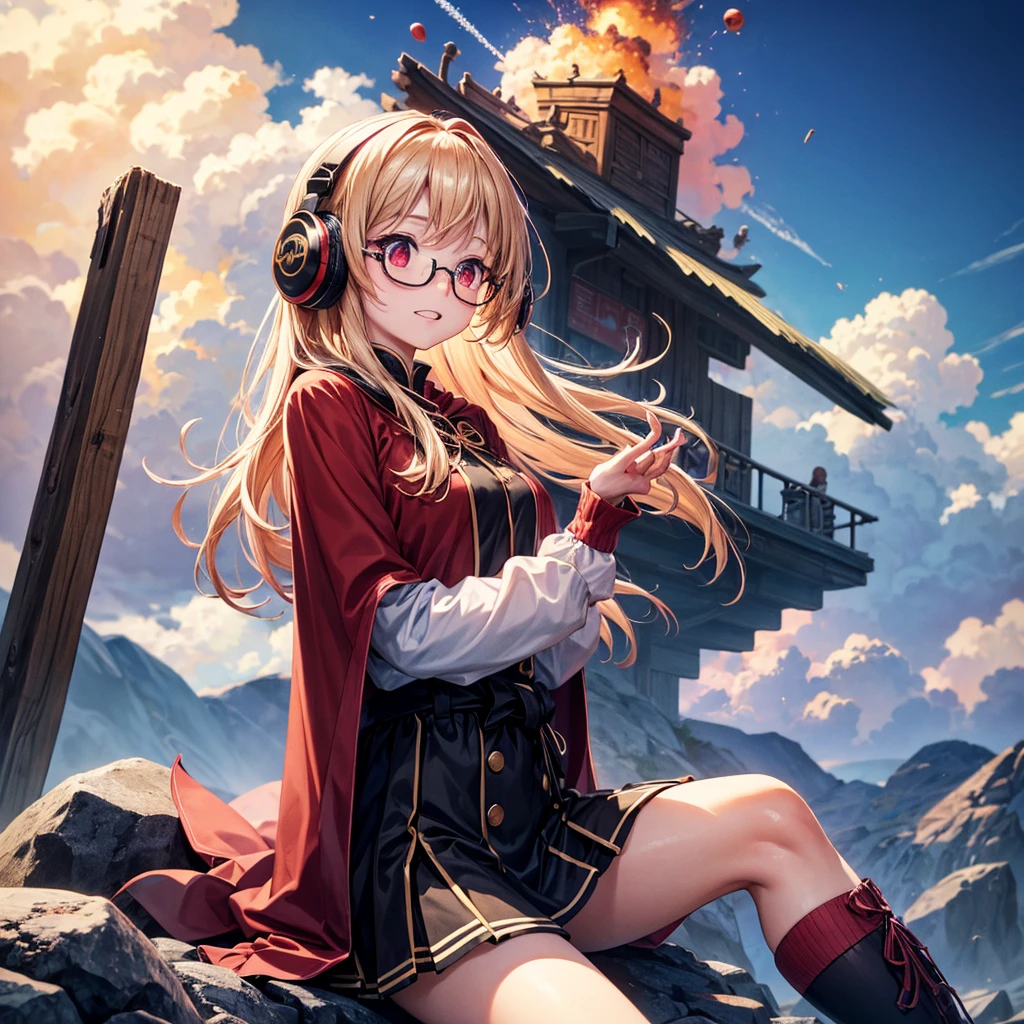 Pink gold golden hair、Red eyes、One good looking girl、solo、anime、Checkered mini skirt、The skirt has buttons、Red T-shirt、Long sleeve、China、Cape、Black knee-high socks、Wearing headphones、Wearing a ribbon、Ribbon on waist、Tilting face、Teeth are visible、Sunset sky、The rocks are exploding、Snow is piled up、Rocky Mountain、The clouds are breaking through、Contrail、Glasses、Behind him is a giant world tree、Sitting