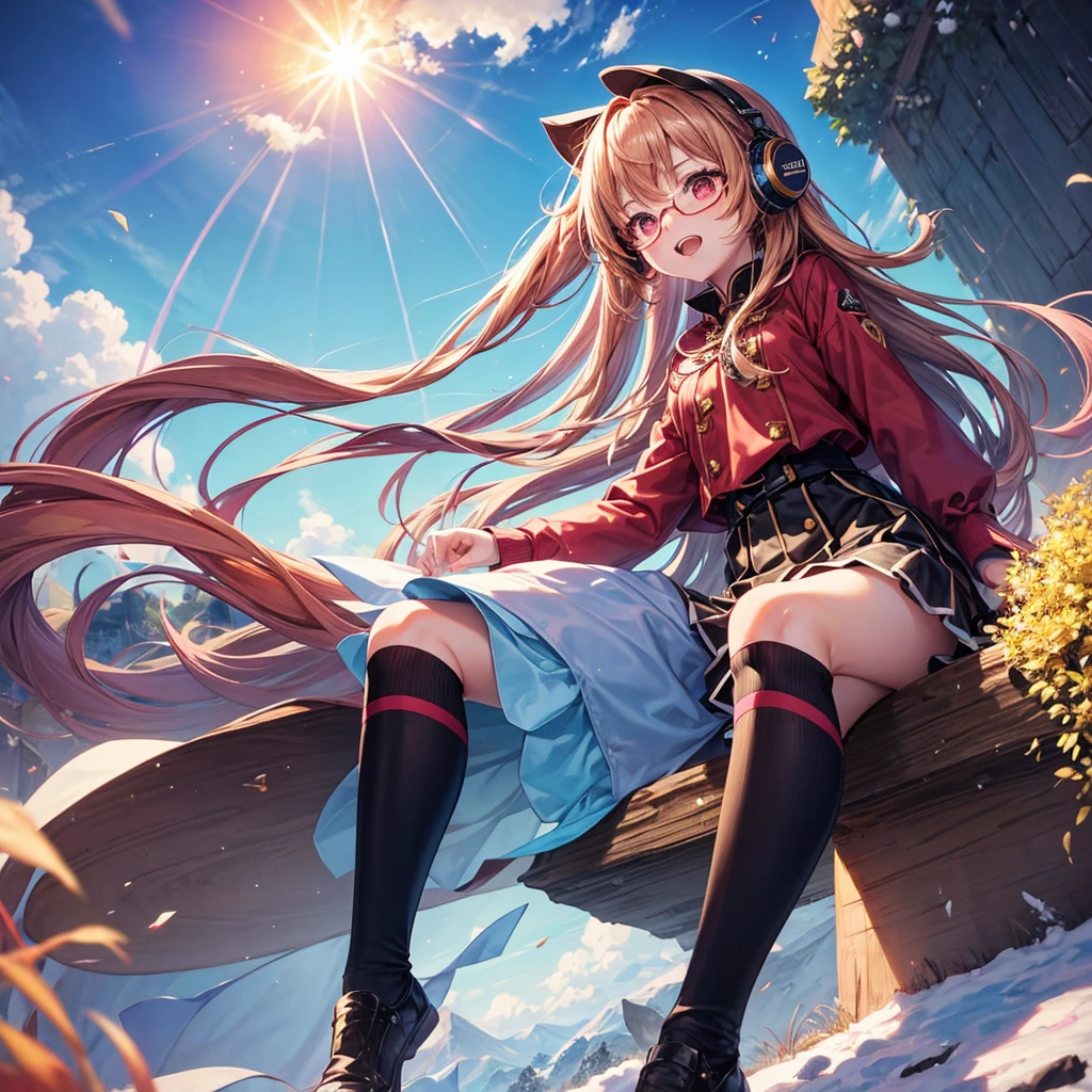 Pink gold golden hair、Red eyes、One good looking girl、solo、anime、Checkered mini skirt、The skirt has buttons、Red T-shirt、Long sleeve、China、Cape、Black knee-high socks、Wearing headphones、Wearing a ribbon、Ribbon on waist、Tilting face、Teeth are visible、Sunset sky、The rocks are exploding、Snow is piled up、Rocky Mountain、The clouds are breaking through、Contrail、Glasses、Behind him is a giant world tree、Sitting