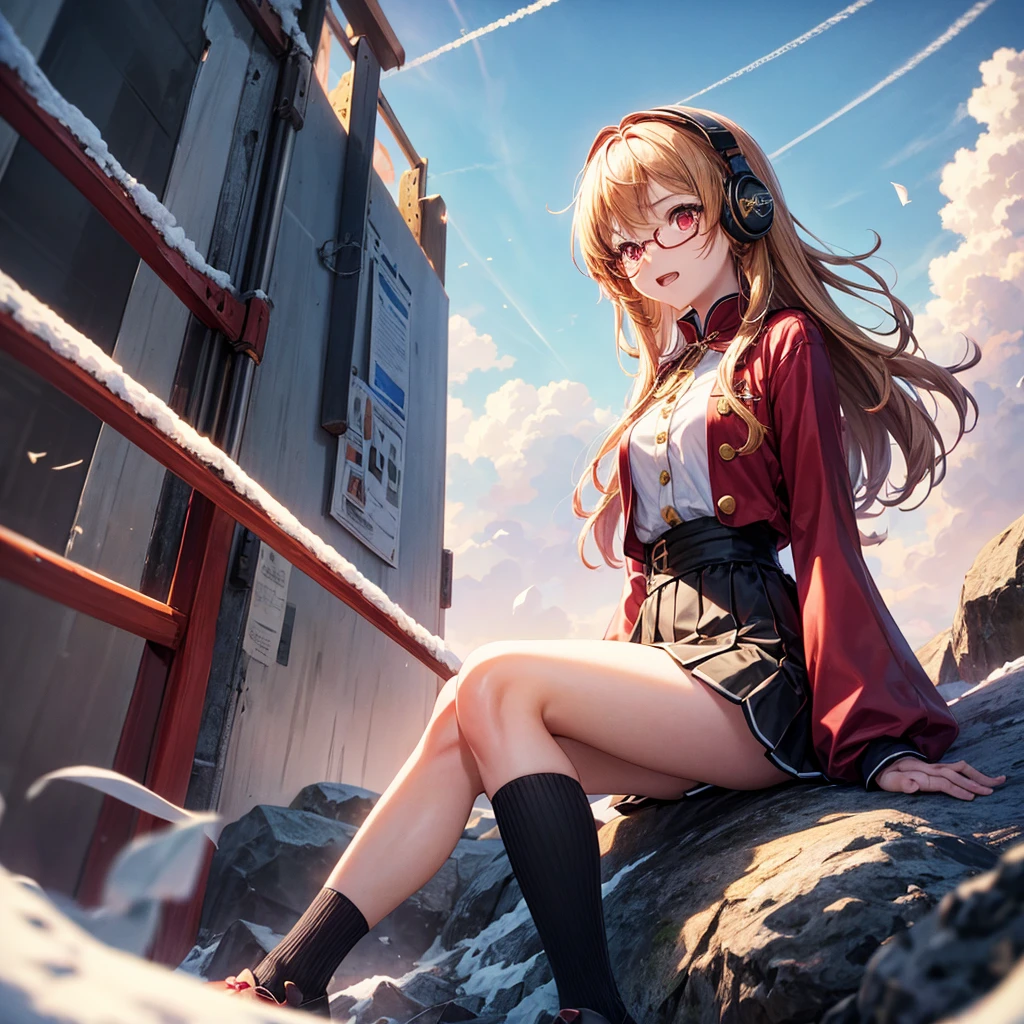 Pink gold golden hair、Red eyes、One good looking girl、solo、anime、Checkered mini skirt、The skirt has buttons、Red T-shirt、Long sleeve、China、Cape、Black knee-high socks、Wearing headphones、Wearing a ribbon、Ribbon on waist、Tilting face、Teeth are visible、Sunset sky、The rocks are exploding、Snow is piled up、Rocky Mountain、The clouds are breaking through、Contrail、Glasses、Behind him is a giant world tree、Sitting