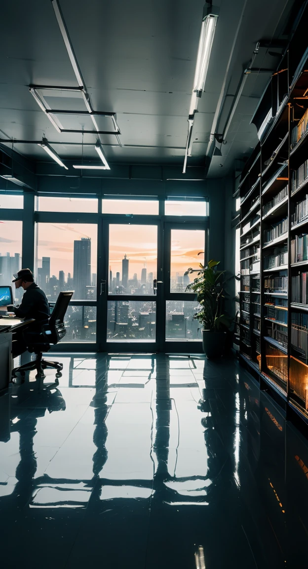 (best quality,4k,8k,highres,masterpiece:1.2),ultra-detailed,(realistic,photorealistic,photo-realistic:1.37),office in a skyscraper in a big city,handsome male cyborg sitting in a luxurious chair,modern glass windows,cityscape in the background,expansive view of the city,impressive architecture,perfectly polished floors,glossy surfaces,contemporary design,high-tech gadgets,state-of-the-art robotics,neon lights reflecting off the glass,glowing holographic displays,advanced AI assistant,effortlessly controlling the environment,widescreen displays showcasing advanced data analysis,smart home automation,intelligent voice commands,seamless integration of virtual reality,high-speed fiber-optic internet,expansive desk with cutting-edge technology,lavish interior design,exquisite artwork on the walls,sleek minimalist furniture,endless rows of books in a private library,surrounded by greenery and plants,majestic skyline at sunset,dynamic interplay of light and shadows,vibrant colors illuminating the room,professional atmosphere,productive work environment.