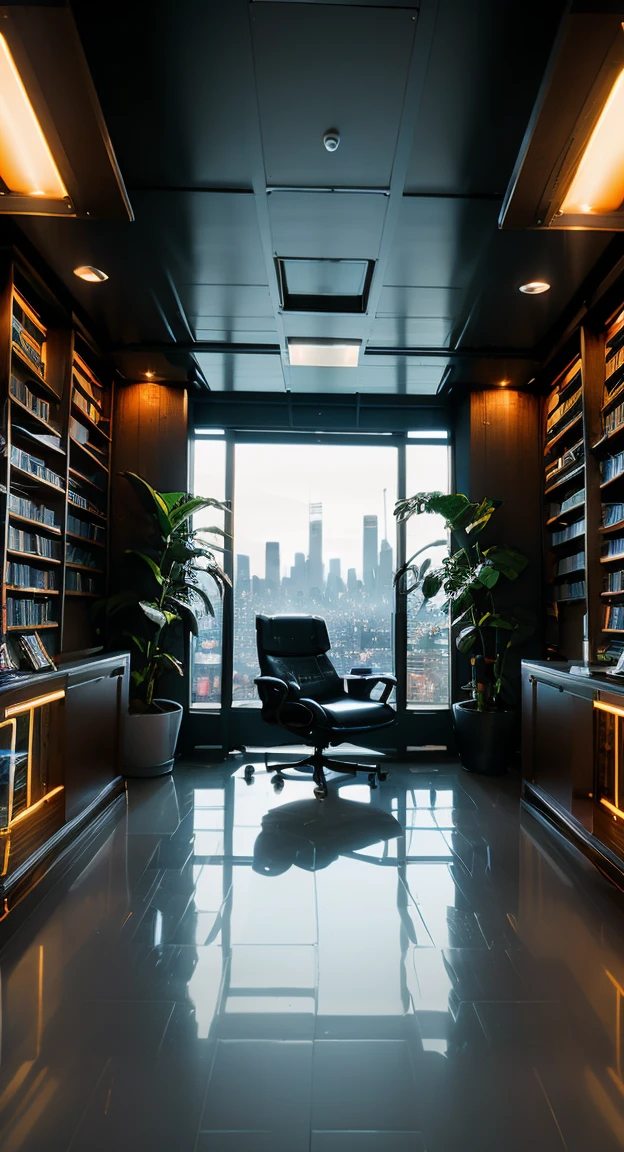 (best quality,4k,8k,highres,masterpiece:1.2),ultra-detailed,(realistic,photorealistic,photo-realistic:1.37),office in a skyscraper in a big city,handsome male cyborg sitting in a luxurious chair,modern glass windows,cityscape in the background,expansive view of the city,impressive architecture,perfectly polished floors,glossy surfaces,contemporary design,high-tech gadgets,state-of-the-art robotics,neon lights reflecting off the glass,glowing holographic displays,advanced AI assistant,effortlessly controlling the environment,widescreen displays showcasing advanced data analysis,smart home automation,intelligent voice commands,seamless integration of virtual reality,high-speed fiber-optic internet,expansive desk with cutting-edge technology,lavish interior design,exquisite artwork on the walls,sleek minimalist furniture,endless rows of books in a private library,surrounded by greenery and plants,majestic skyline at sunset,dynamic interplay of light and shadows,vibrant colors illuminating the room,professional atmosphere,productive work environment.