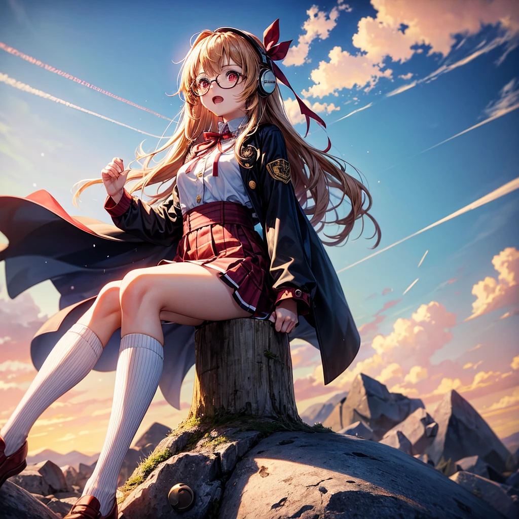 Pink gold golden hair、Red eyes、One good looking girl、solo、anime、Checkered mini skirt、The skirt has buttons、Red T-shirt、Long sleeve、China、Cape、Black knee-high socks、Wearing headphones、Wearing a ribbon、Ribbon on waist、Tilting face、Teeth are visible、Sunset sky、The rocks are exploding、Snow is piled up、Rocky Mountain、The clouds are breaking through、Contrail、Glasses、Behind him is a giant world tree、Sitting