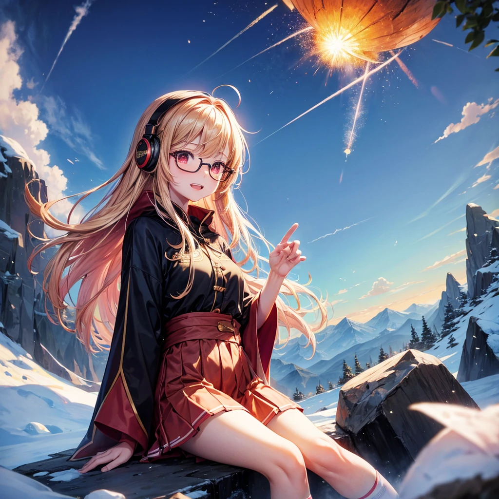 Pink gold golden hair、Red eyes、One good looking girl、solo、anime、Checkered mini skirt、The skirt has buttons、Red T-shirt、Long sleeve、China、Cape、Black knee-high socks、Wearing headphones、Wearing a ribbon、Ribbon on waist、Tilting face、Teeth are visible、Sunset sky、The rocks are exploding、Snow is piled up、Rocky Mountain、The clouds are breaking through、Contrail、Glasses、Behind him is a giant world tree、Sitting