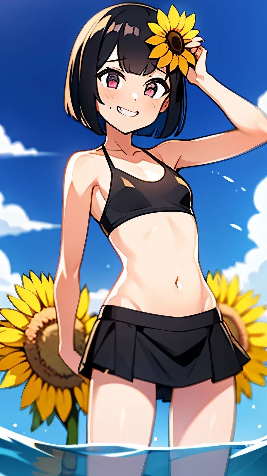 Best image quality,1People Girl,Black Hair,Bob Hair,Shiny Hair,black eye,Shining Eyes,smile,Double teeth,(Sunburn,Bikini Bag),sunflower,stream,Water Play,Wet,Tank top,See-through mini skirt,girl,small,small breasts,Navel Fashion,View from below,