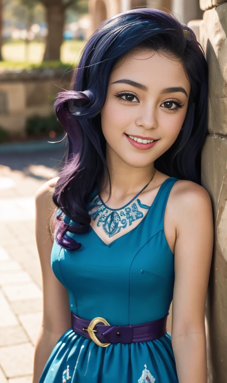 Photo oF a 17 year-old American girl, .CRUDO, beautiFul woman  , cabello color purpura , pelo color purpura  ((retrato)), ((Cara detallada:1.2)), ((Detailed Facial Features)), (Piel Finamente detallada) , ojos color.azul , 、un sexy(color fresco), wet, wet, ReFlectoreasutepiece) (proporciones perFectaotos realistas)(La mejor calidad) (Detallado) FotograFiado con una EOS R5 de Canon, lente de 50 mm, F/2.8, NFFSW, (8K) (papel tapiz) (cinematic lighting) (dramatic lighting) (sharp Focus) (Enrevesado) senos grandes , pechos grandes , cuerpo completo , hermoso cuerpo de adolesente  ,lindo maquillaje , gran sonrisa , labios rojos. Mlp  , Rarity  , vestido elegante , vestido escotado , escote  , tiene tatuaje de diamantes en la pierna , foto dinamica , foto caminando , parque , noche , sonrisa , felicidad