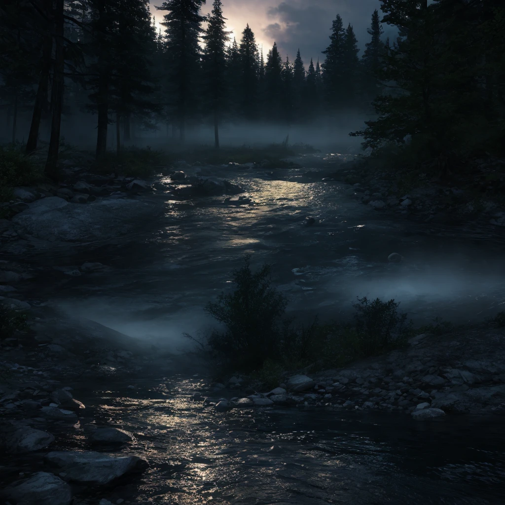view from a river bank in the darkness overlooking a flowing river with clear glowing water, surrounded by tall trees and thin mist, best quality, ultra realistic, accurate details,