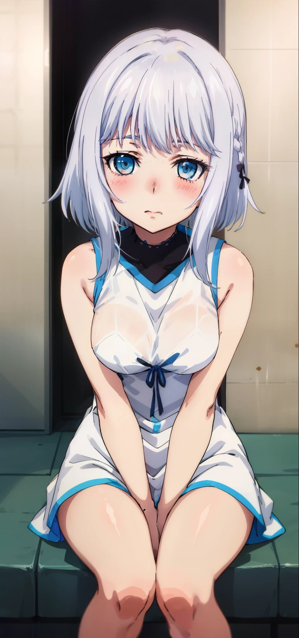 1 girl, kanon kanase, , blush, medium breasts, sleeveless, dress, sitting.
