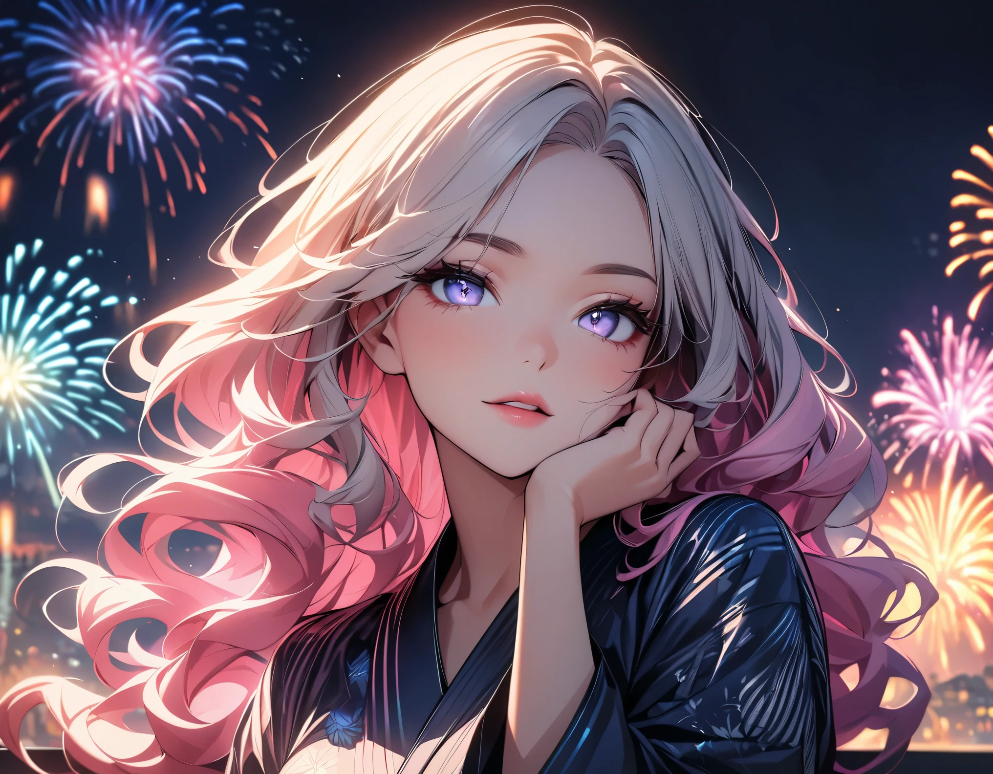 (highest quality:1.2, Very detailed, up to date, Vibrant, Ultra-high resolution, High Contrast, masterpiece:1.2, highest quality, Best aesthetics), (((1 girl))), Beautiful woman, Woman in seductive pose, Wavy hair with highlights, Eyes and lips with plenty of detail, Glowing, soft skin, yukata, pastel colour, 花柄のyukata, firework, Color the night sky.
