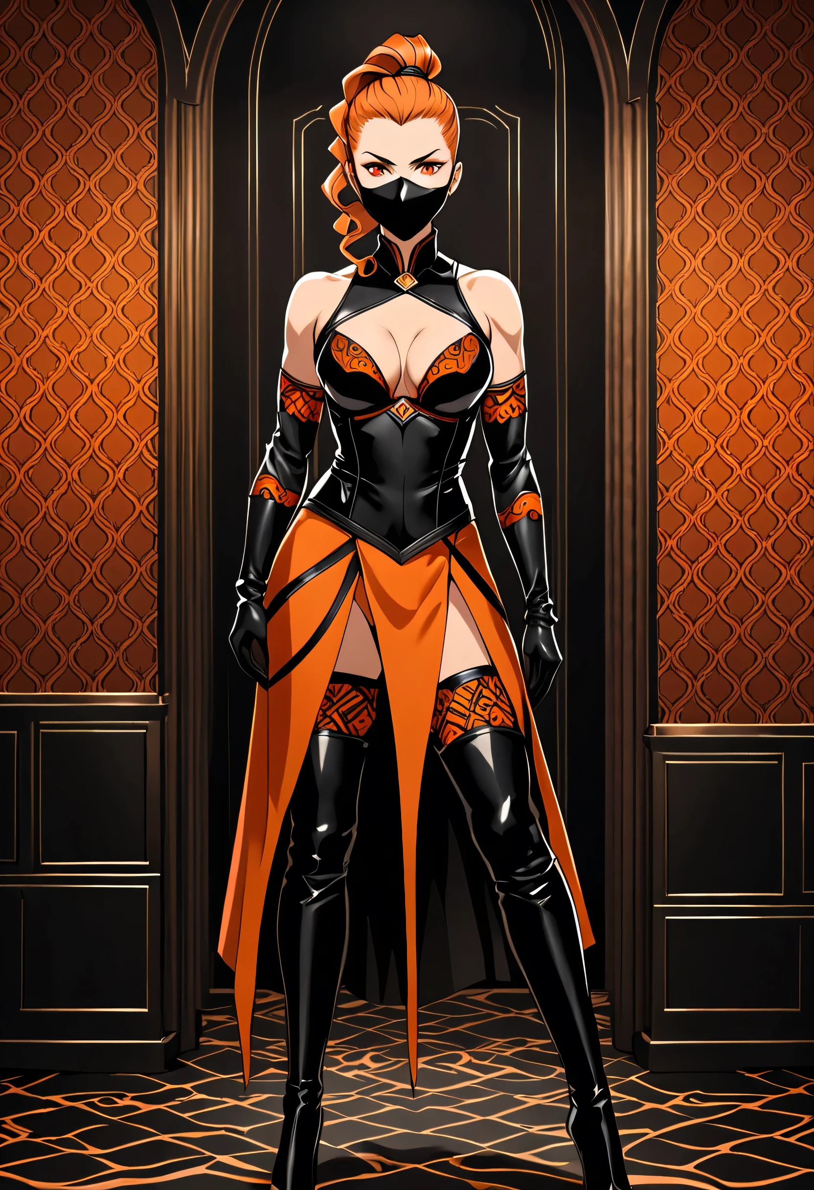 Detailed image, detailed face, anime style, woman about 40, arrogant look, Beautiful athletic body, light orange wavy hair pulled back into a combat hairstyle, luxurious hairstyle, in black leather x shape bra with a dark orange pattern without sleeves, in black leather undies with a dark orange pattern, in black long leather gloves with a dark orange pattern, in black leather thigh-high boots with a dark orange pattern, wearing a black mask with dark orange patterns covering the lower part of the face, stands alone in the castle room, looks at the viewer, Mortal Kombat