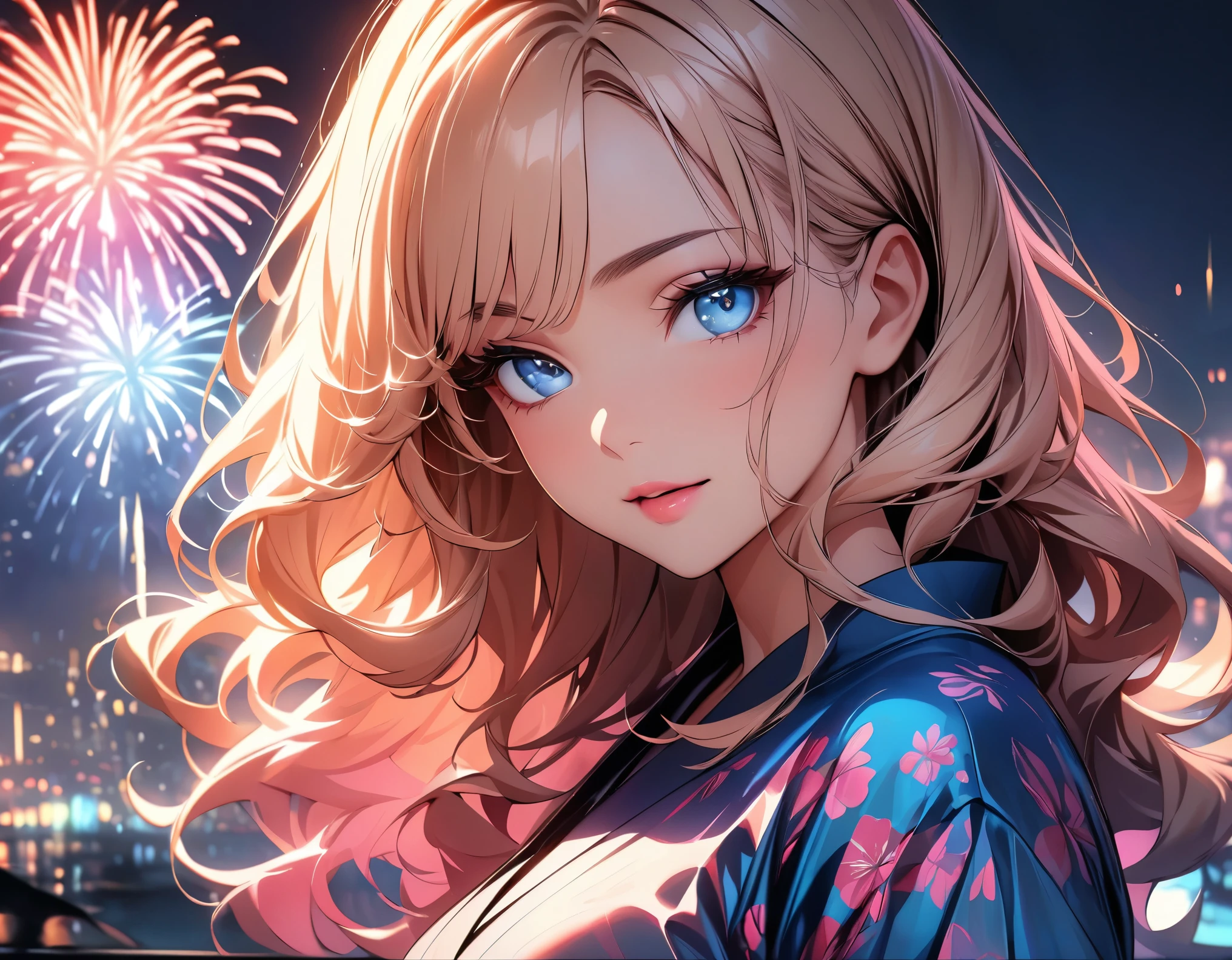 (highest quality:1.2, Very detailed, up to date, Vibrant, Ultra-high resolution, High Contrast, masterpiece:1.2, highest quality, Best aesthetics), (((1 girl))), Beautiful woman, Woman in seductive pose, Wavy hair with highlights, Eyes and lips with plenty of detail, Glowing, soft skin, yukata, pastel colour, 花柄のyukata, firework, Color the night sky.