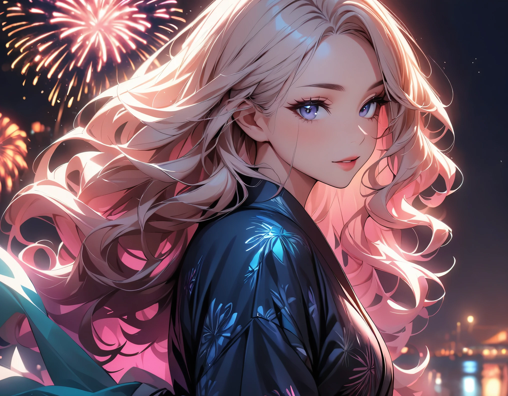 (highest quality:1.2, Very detailed, up to date, Vibrant, Ultra-high resolution, High Contrast, masterpiece:1.2, highest quality, Best aesthetics), (((1 girl))), Beautiful woman, Woman in seductive pose, Wavy hair with highlights, Eyes and lips with plenty of detail, Glowing, soft skin, yukata, pastel colour, 花柄のyukata, firework, Color the night sky.