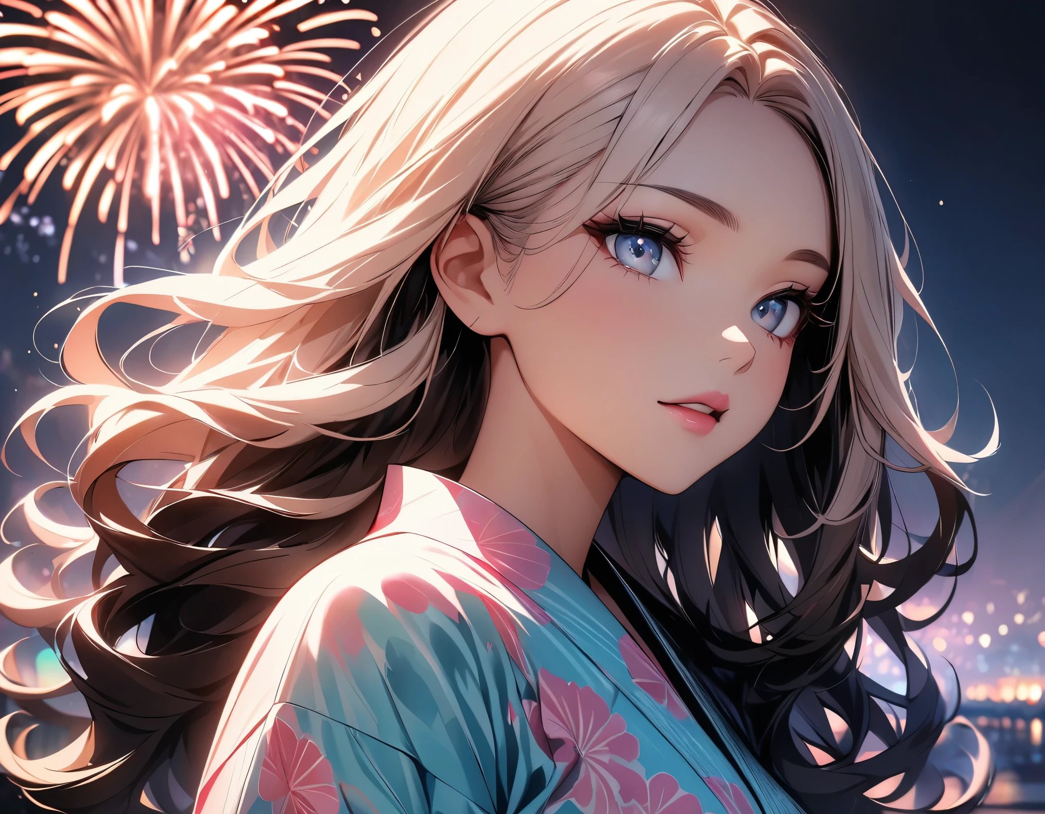 (highest quality:1.2, Very detailed, up to date, Vibrant, Ultra-high resolution, High Contrast, masterpiece:1.2, highest quality, Best aesthetics), (((1 girl))), Beautiful woman, Woman in seductive pose, Wavy hair with highlights, Eyes and lips with plenty of detail, Glowing, soft skin, yukata, pastel colour, 花柄のyukata, firework, Color the night sky.