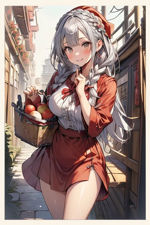 (ukiyoe painting:1.3),(3D Animation:1.3),(Fantasy style costumes),(Grimm fairy tale world),(Little Red Riding Hood,Little Red Riding Hood,red riding hood:1.3),(farmhouse entrance:1.3),(red little red riding hood:1.3),(((Red Tunic:1.3))),(((apples and bread in the basket),Cute and beautiful girl,Cute round face,Cute smile,with blush cheeks,Red Lip,(silver white hair,Floral braided headband,half up、Floral Braided Space Van,Voluminous Fishtail Braids,Twisted chignon,),(Bangs are see-through bangs),hair pin,hair adornments,detailed clothes features,Detailed hair features,detailed facial features,(Dynamic angles),(Dynamic and sexy poses),clothes that emphasize big breasts,Cinematic Light,(masutepiece,top-quality,Ultra-high resolution output image,depth of fields,intricate detailes,Make the subject look three-dimensional with the contrast of light and shadow,) ,(The 8k quality,Anatomically accurate facial structure,),(Sea Art 2 Mode:1.3),(Image Mode Ultra HD,)
