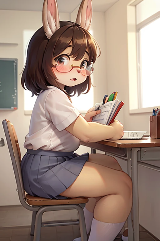 left side view , focus face , hairy bunny Short stature girl , (realistic hairy bunny fur:1.2) , round Mumps face , (tilt face:1.2) , Unsophisticated loose geek , round eyes , Swollen cheeks , shy , glossy lips , eyewear , in the school , Class is in progress , school sailor , skirt , sit on chair , Looking Ahead , Bored attitude , Kneel on the desk , Write in a notebook , Surprised