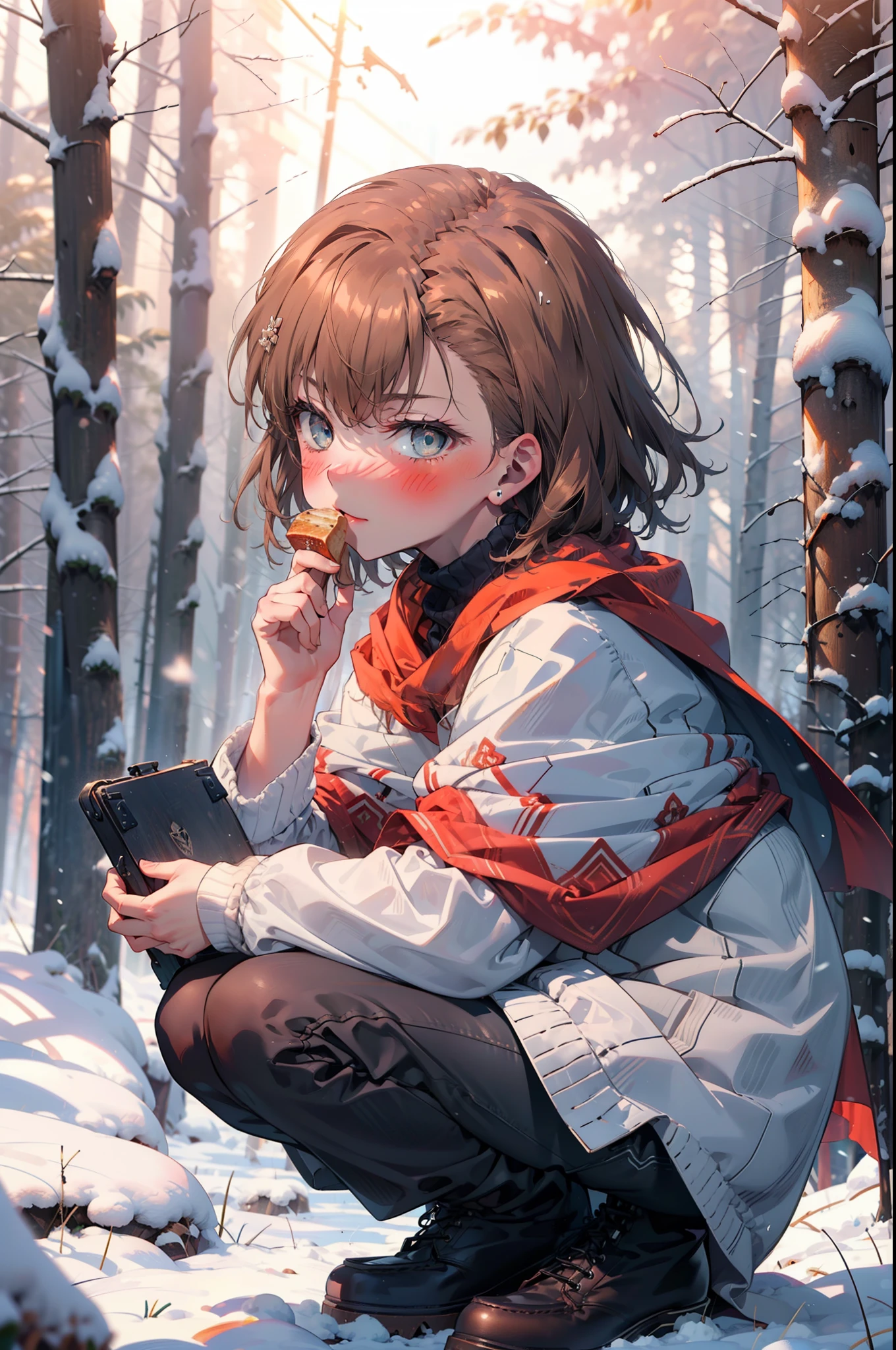 Mycotrose, Brown eyes,Brown Hair,short hair,smile,blush,White Breath,
Open your mouth,snow,Ground bonfire, Outdoor, boots, snowing, From the side, wood, suitcase, Cape, Blurred, Eat a meal, forest, White handbag, nature, Squat, Mouth closed, Cape, winter, Written boundary depth, Black shoes, red Cape break looking at viewer, Upper Body, whole body, break Outdoor, forest, nature, break (masterpiece:1.2), highest quality, High resolution, unity 8k wallpaper, (shape:0.8), (Beautiful and beautiful eyes:1.6), Highly detailed face, Perfect lighting, Highly detailed CG, (Perfect hands, Perfect Anatomy),