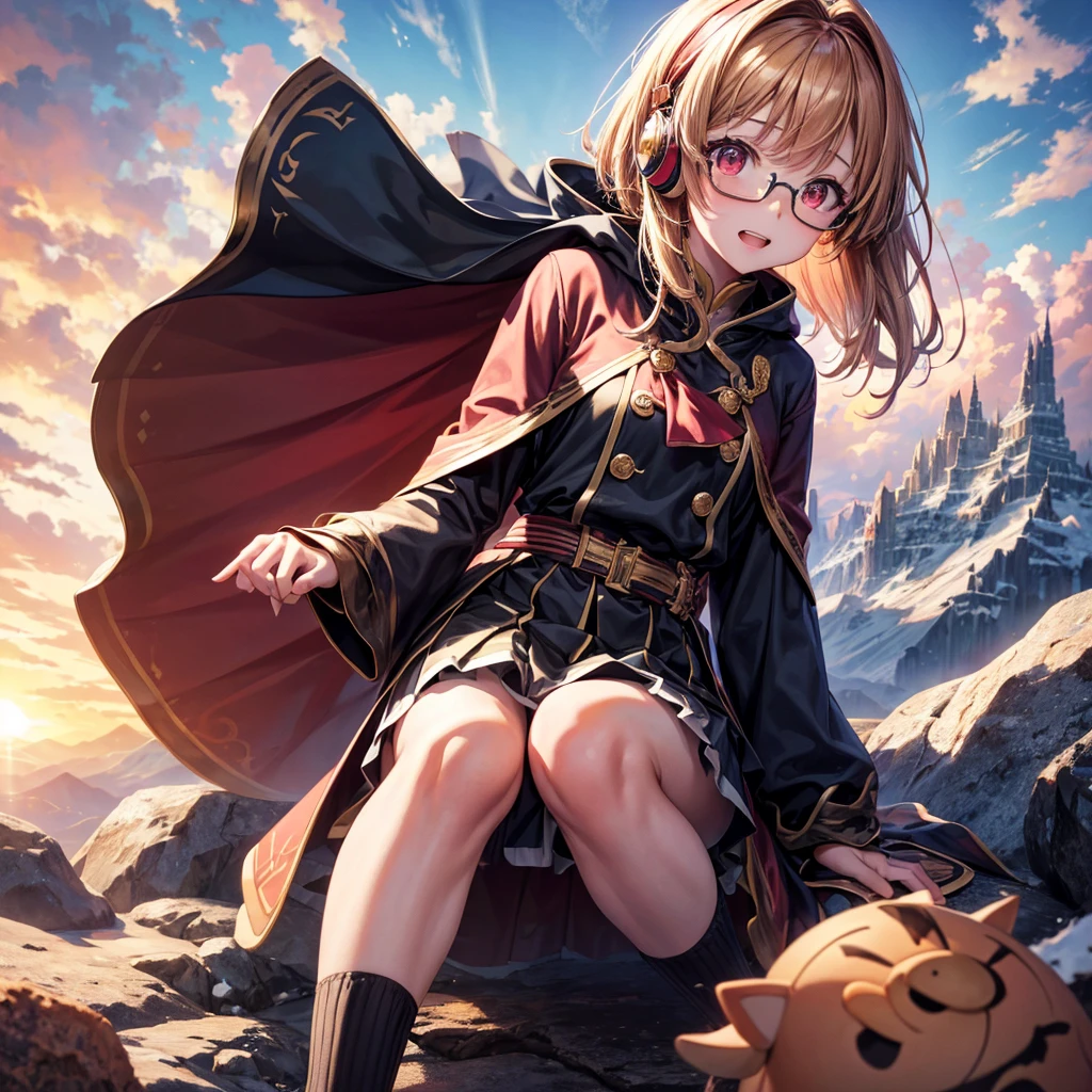 Pink gold golden hair、Red eyes、One good looking girl、solo、anime、Checkered mini skirt、The skirt has buttons、Red T-shirt、Long sleeve、China、Cape、Black knee-high socks、Wearing headphones、Wearing a ribbon、Ribbon on waist、Tilting face、Teeth are visible、Sunset sky、The rocks are exploding、Snow is piled up、Rocky Mountain、The clouds are breaking through、Contrail、Glasses、Behind him is a giant world tree、Sitting