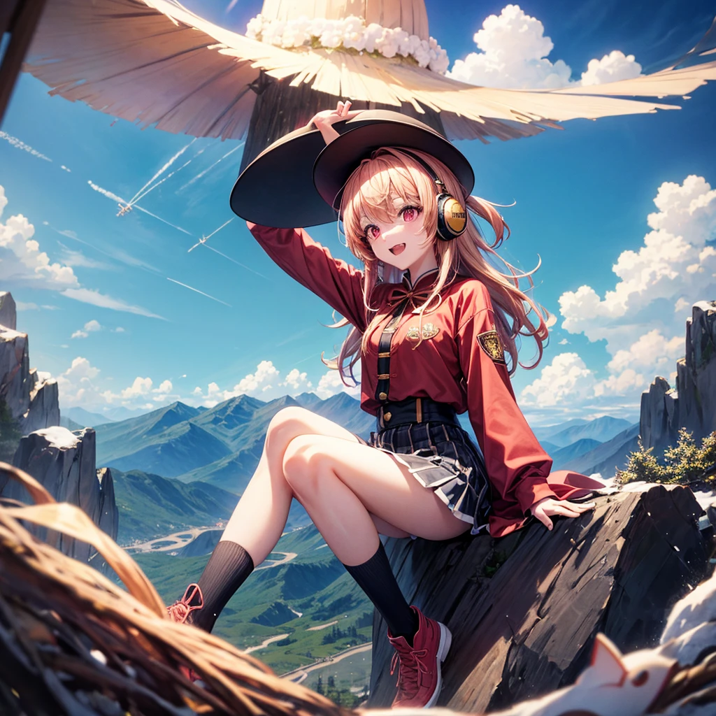 Pink gold golden hair、Red eyes、One good looking girl、solo、anime、Checkered mini skirt、The skirt has buttons、Red T-shirt、Long sleeve、China、Cape、Black knee-high socks、Wearing headphones、Wearing a ribbon、Ribbon on waist、Tilting face、Teeth are visible、Sunset sky、The rocks are exploding、Snow is piled up、Rocky Mountain、The clouds are breaking through、Contrail、Glasses、Behind him is a giant world tree、Sitting