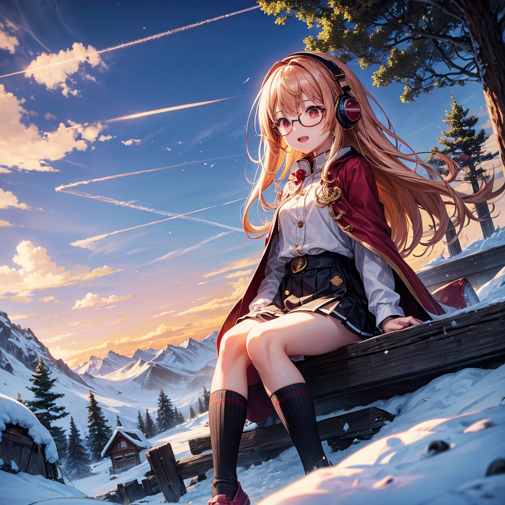 Pink gold golden hair、Red eyes、One good looking girl、solo、anime、Checkered mini skirt、The skirt has buttons、Red T-shirt、Long sleeve、China、Cape、Black knee-high socks、Wearing headphones、Wearing a ribbon、Ribbon on waist、Tilting face、Teeth are visible、Sunset sky、The rocks are exploding、Snow is piled up、Rocky Mountain、The clouds are breaking through、Contrail、Glasses、Behind him is a giant world tree、Sitting