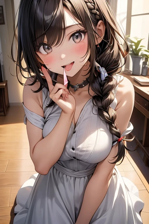 (Masterpiece: 1.2), Best Quality, (Illustration: 1.2), Eye Focus, (Ultra Detailed), Ultra Detail, (Fine Detail), (Intricate Detail), (Cinematic Light, Best Quality Backlight), Clear Lines, Solo Female, Solo Female, Perfect Figure, (1 Girl), High Contrast, (Best Lighting, Extremely Delicate and Beautiful), ((Cinematic Light)), Powerful, Absolutely Striking, Dynamic Angle, Gorgeous Background, cute Teeth, Open Mouth, mischievous smile, close-up, depth of field, close-up of a long-haired character. A cute tongue sticks out of the mouth, long hair, big breasts, short sleeves, dress, bare shoulders, braids, porcelain clothes