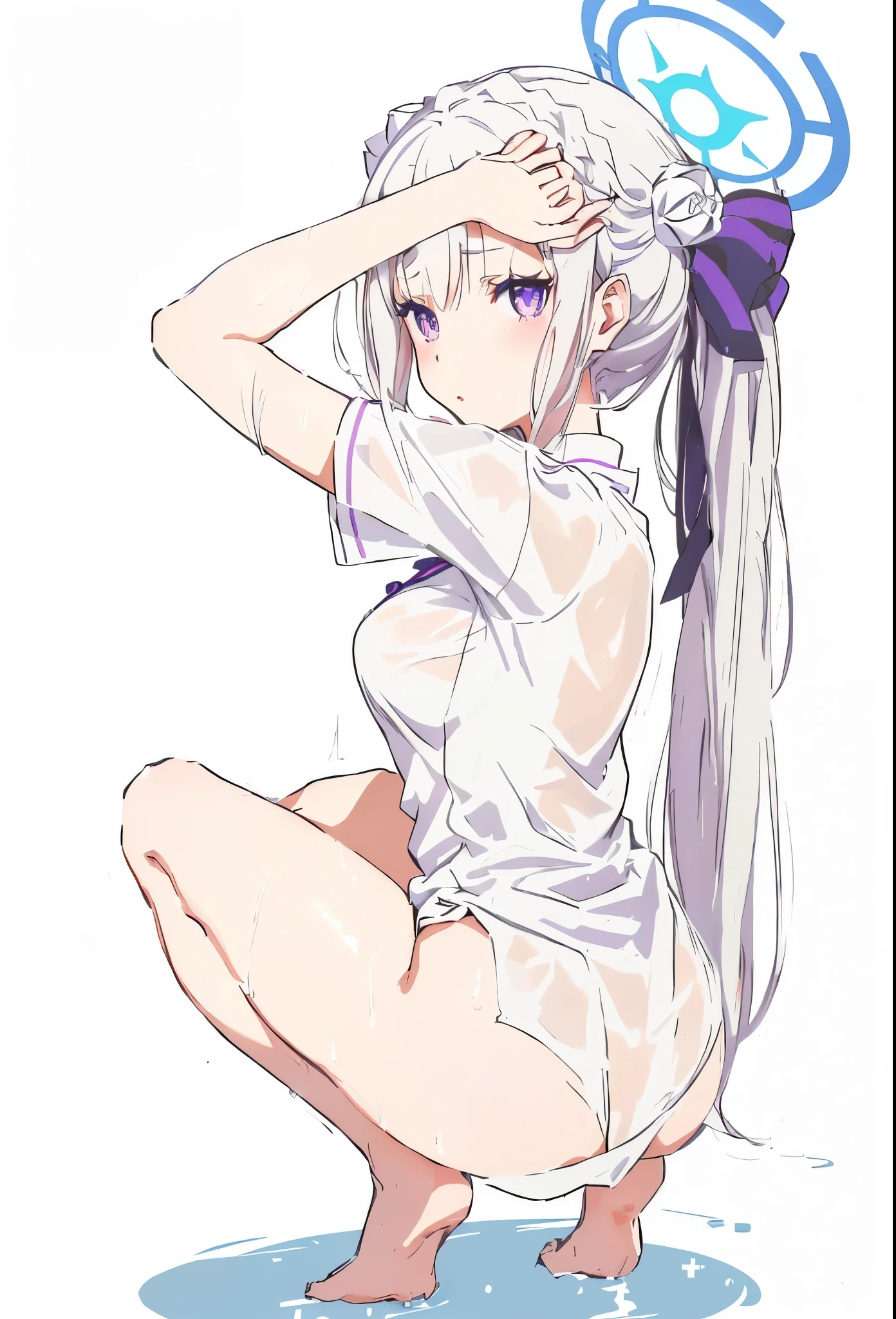 Emilia re:zero, purple eyes, Emilia, crown braid, x hair ornament, flower hair ornament, white hair, long hair, medium breasts, wet transparent t-shirt, butt, ass, anime girl with long hair and a bow sitting on the ground, anime girl with long hair, twintails, the anime girl iscrouching, beautiful anime girl squatting, seductive anime girl, ecchi anime style, long pigtail, (anime girl), hair with pigtails, pigtail, shikamimi, rei hiroe, clean anime art