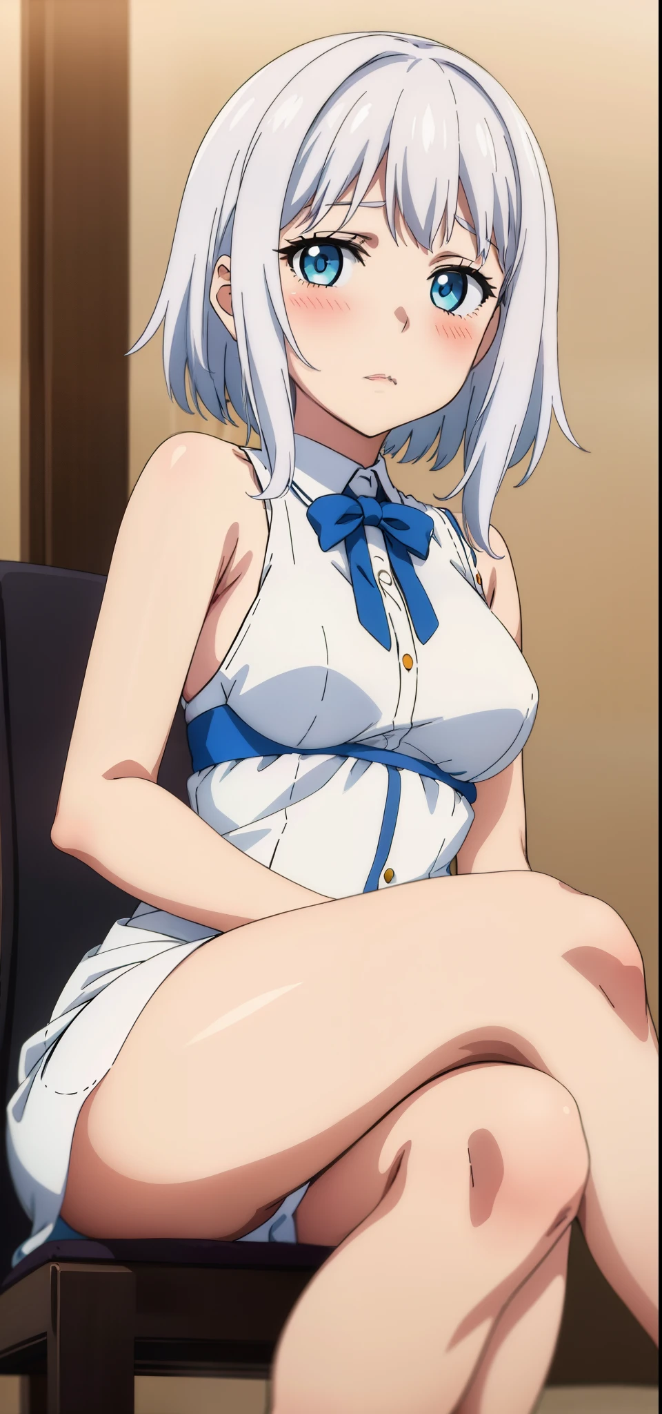 1 girl, kanon kanase, , blush, medium breasts, sleeveless, dress, sitting.