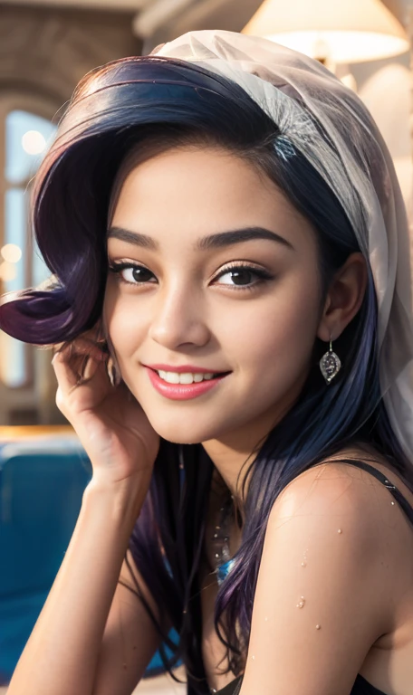 Photo oF a 17 year-old American girl, .CRUDO, beautiFul woman  , cabello color purpura , pelo color purpura  ((retrato)), ((Cara detallada:1.2)), ((Detailed Facial Features)), (Piel Finamente detallada) , ojos color.azul , 、un sexy(color fresco), wet, wet, ReFlectoreasutepiece) (proporciones perFectaotos realistas)(La mejor calidad) (Detallado) FotograFiado con una EOS R5 de Canon, lente de 50 mm, F/2.8, NFFSW, (8K) (papel tapiz) (cinematic lighting) (dramatic lighting) (sharp Focus) (Enrevesado) senos grandes , pechos grandes , cuerpo completo , hermoso cuerpo de adolesente  ,lindo maquillaje , gran sonrisa , labios rojos. Mlp  , Rarity  , ropa interior sexy , pijama sexy , tiene tatuaje de diamantes en la pierna , foto dinamica , foto caminando , dentro de casa , noche , sonrisa , felicidad