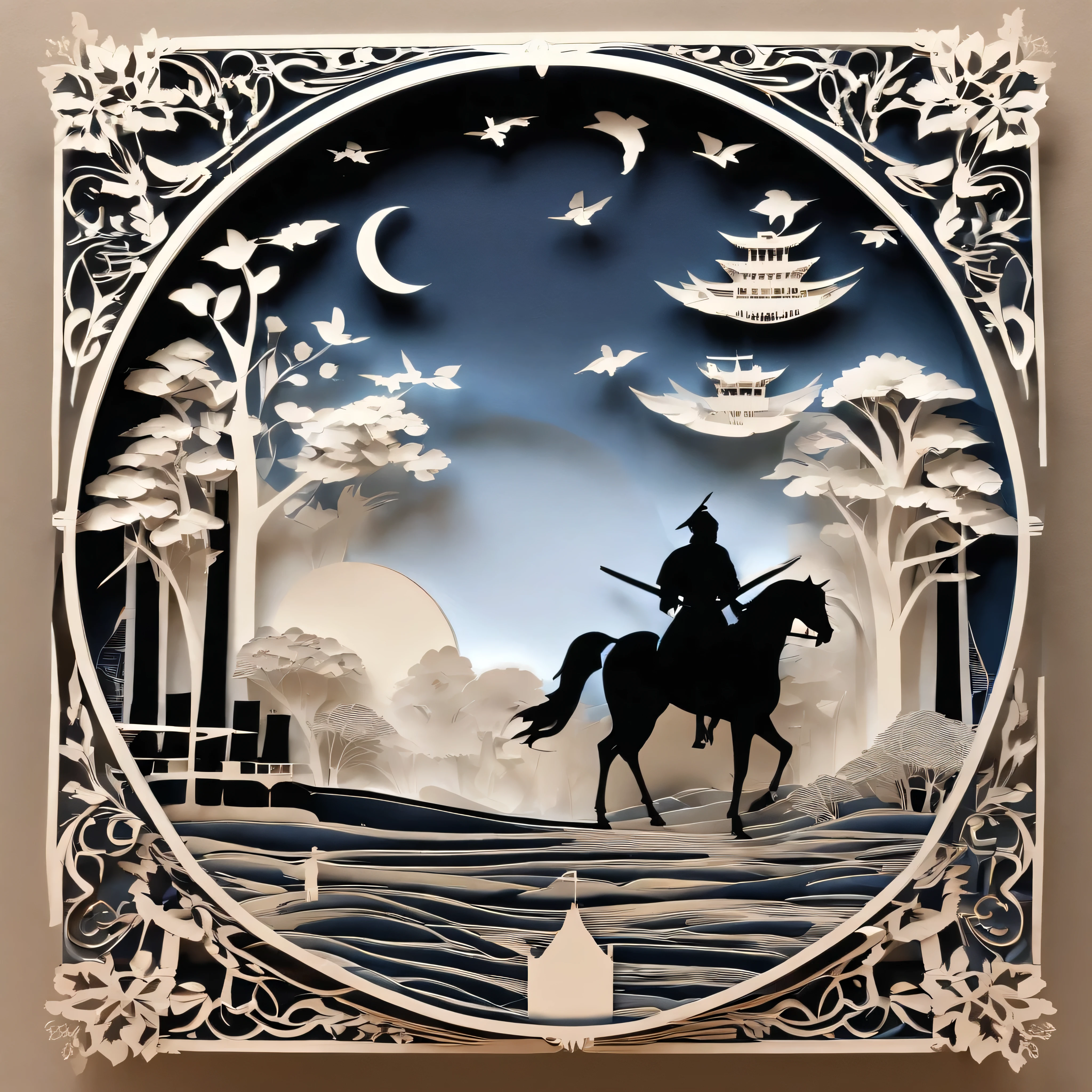 masterpiece, Young handsome swordsman, Beautiful depiction of a fairy tale, Paper art style, Beautiful paintings, Beautiful as the moon, very intricate masterpiece, painted metal, beautiful intricate masterpiece, Multiple layers, Mysterious, city