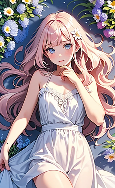 (masterpiece:1.4、top-quality、illustration:,realistic、)、(character focus、,cowboy shot:1.3)、(1girl),(clear face:1.3),(),cute face,blue eyes、(tareme:1.3)、(from above),
(Lying in a flower field:1.4),
(pink blonde hair),(very long hair:1.5)、
,(Flower Field:1.3、Flower storm:1.3),(white camisole dress:1.5),
(blunt bangs),(volumey,sidelocks,wavy hair:1.3), (small breasts)、
、slender、
