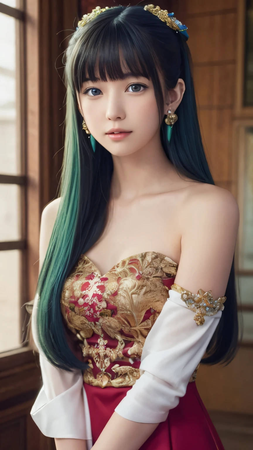 Top quality (8k, high resolution, masterpiece: 1.2), super detailed, anime art style, dynamic angle, teen style, (Chinese dress, exposed shoulders, earrings, indoor,), detailed green hair, detailed blue eyes, intricate hairstyle, long hair , slim body, sparkling eyes, youthful, hair accessories, earrings, half-updo, slightly dull bangs, detailed lighting, bright colors, looking at the viewer, in the center of the image, cowboy shot,