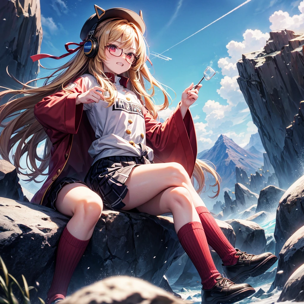 Pink gold golden hair、Red eyes、One good looking girl、solo、anime、Checkered mini skirt、The skirt has buttons、Red T-shirt、Long sleeve、China、Cape、Black knee-high socks、Wearing headphones、Wearing a ribbon、Ribbon on waist、Tilting face、Teeth are visible、Sunset sky、The rocks are exploding、Snow is piled up、Rocky Mountain、The clouds are breaking through、Contrail、Glasses、Behind him is a giant world tree、Sitting