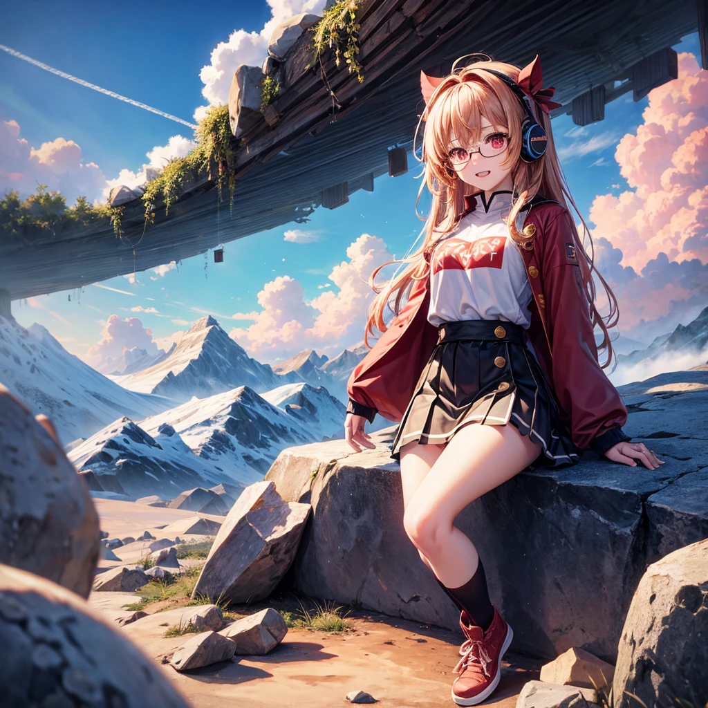 Pink gold golden hair、Red eyes、One good looking girl、solo、anime、Checkered mini skirt、The skirt has buttons、Red T-shirt、Long sleeve、China、Cape、Black knee-high socks、Wearing headphones、Wearing a ribbon、Ribbon on waist、Tilting face、Teeth are visible、Sunset sky、The rocks are exploding、Snow is piled up、Rocky Mountain、The clouds are breaking through、Contrail、Glasses、Behind him is a giant world tree、Sitting