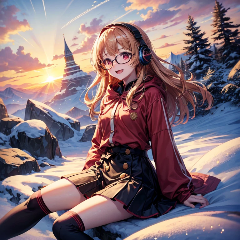 Pink gold golden hair、Red eyes、One good looking girl、solo、anime、Checkered mini skirt、The skirt has buttons、Red T-shirt、Long sleeve、China、Cape、Black knee-high socks、Wearing headphones、Wearing a ribbon、Ribbon on waist、Tilting face、Teeth are visible、Sunset sky、The rocks are exploding、Snow is piled up、Rocky Mountain、The clouds are breaking through、Contrail、Glasses、Behind him is a giant world tree、Sitting