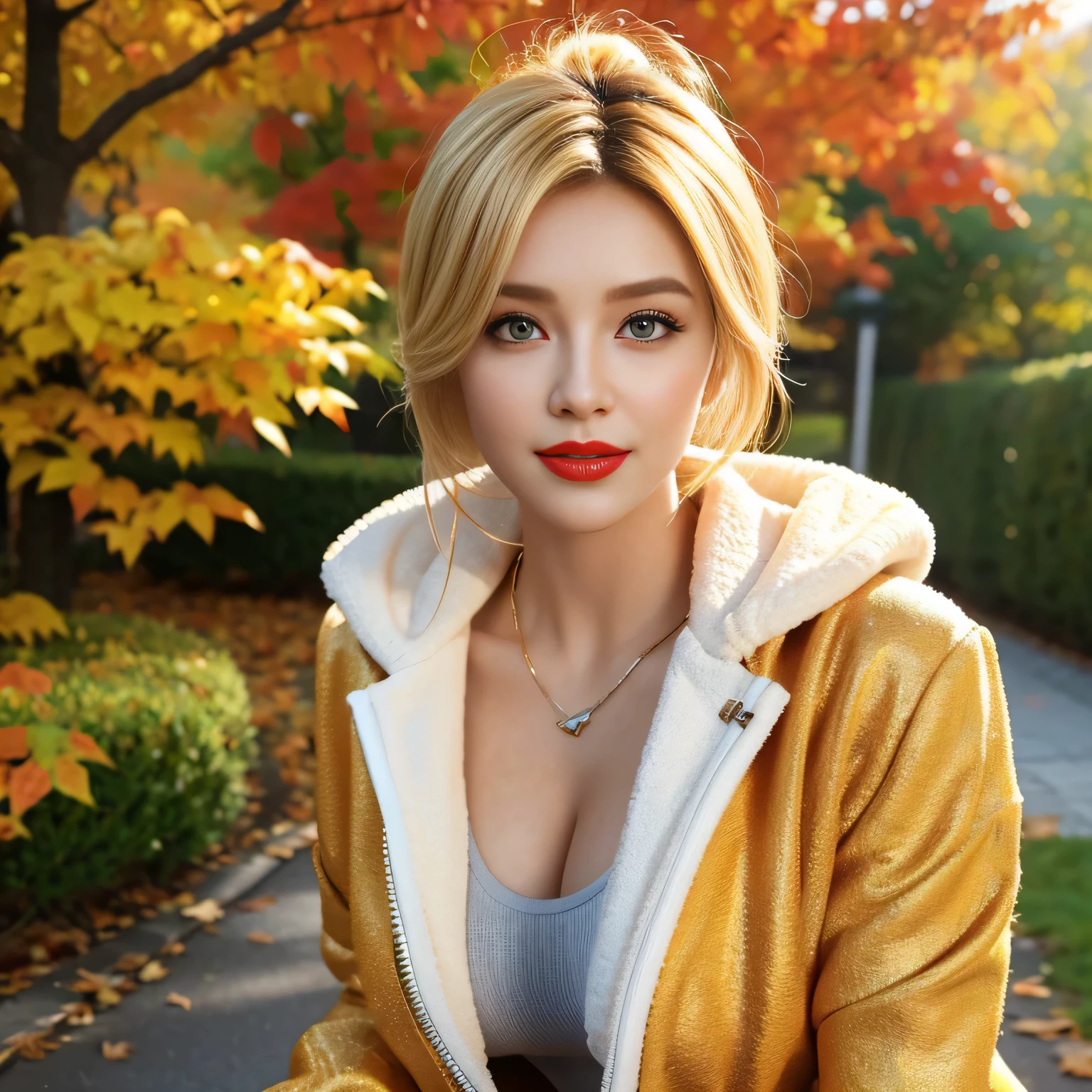 RAW, Best quality, high resolution, Masterpiece: 1.3, Busty blonde woman, wearing a cute jacket, Masterpiece, Vibrant color, Realistic, 1girl, charming personality, beautiful smile, attractive eyes, red lips, curvy figure, detailed clothing, zipped jacket, fur lining, Autumn leaves falling around, rustic background, sunlight filtering through the trees, warm tone, 3D Octane rendering, ray tracing, super detailing viewer, close-up.